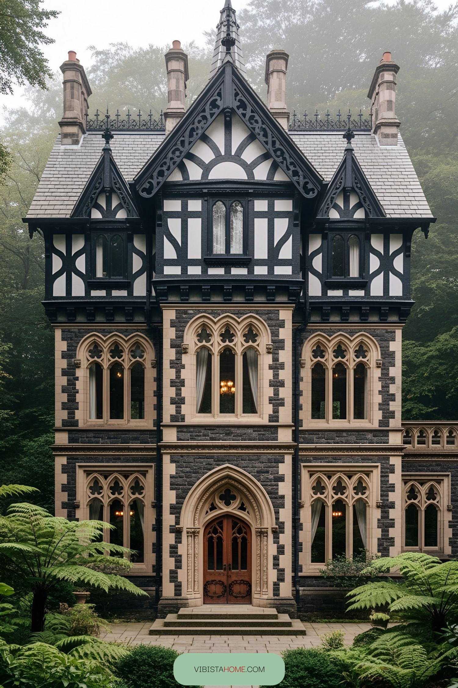 Gothic Victorian house surrounded by misty trees