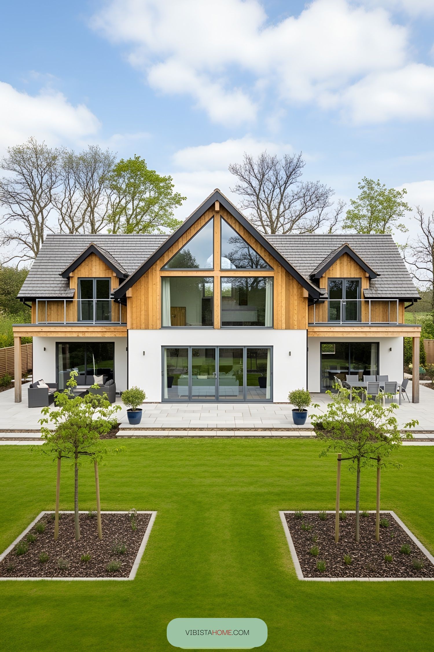 Contemporary chalet bungalow with timber accents and large windows