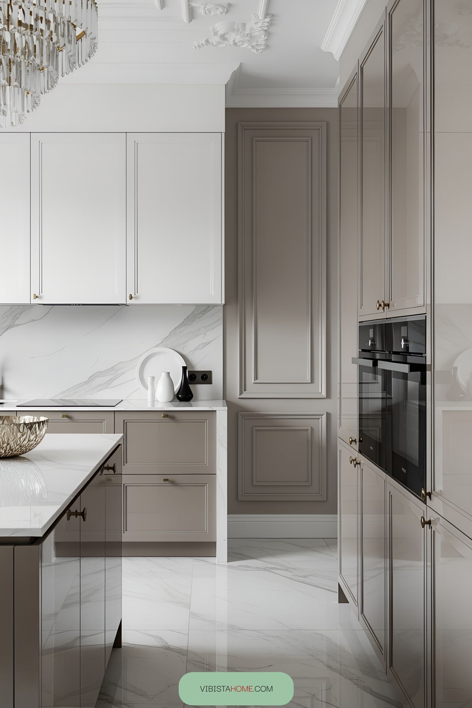 Luxurious kitchen with high-gloss finishes and ornate ceiling