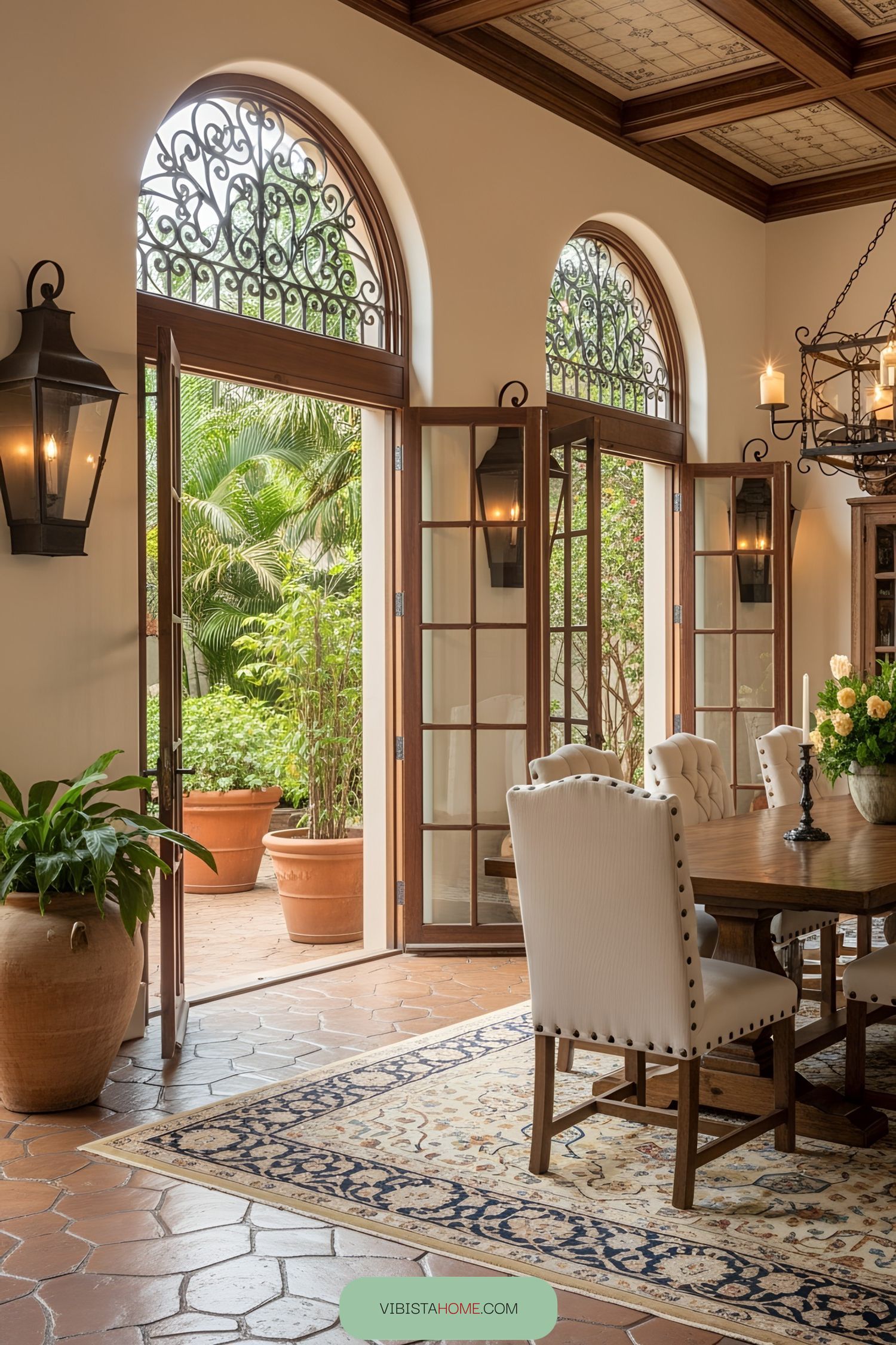 Dining room with open French doors to a lush garden