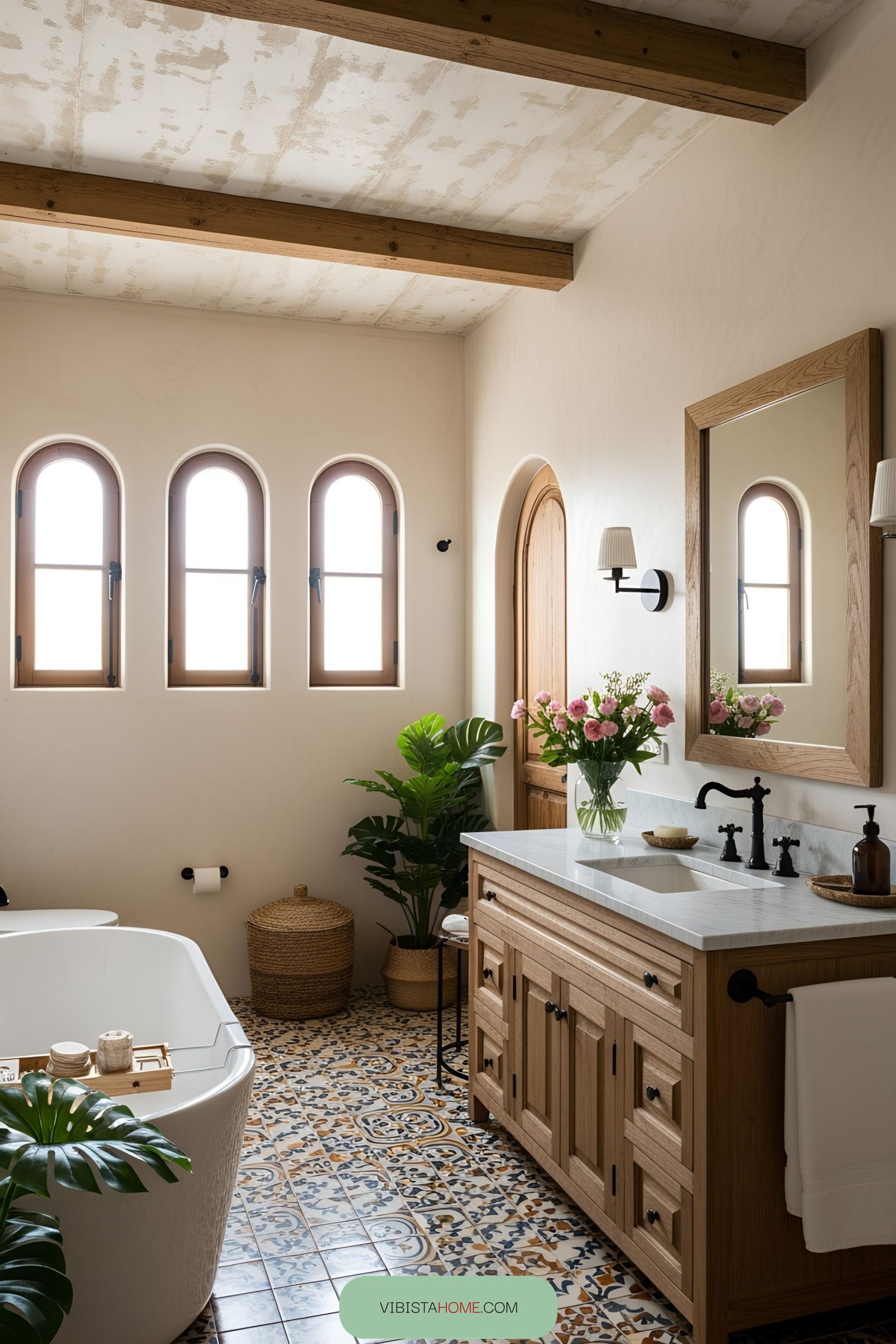 Spanish-style bathroom with arched windows and a freestanding tub