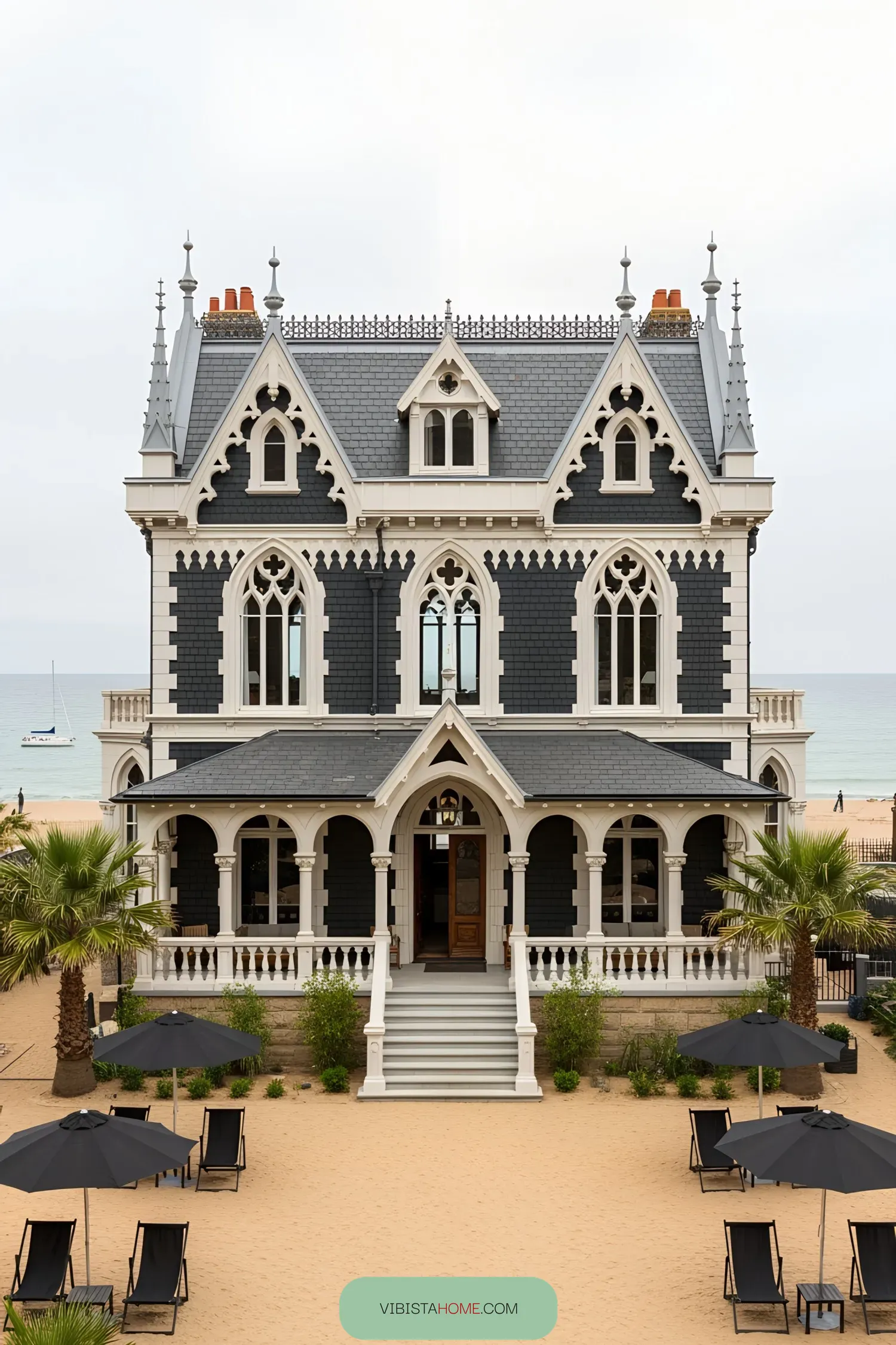 Gothic-style house by the coast with ornate spires