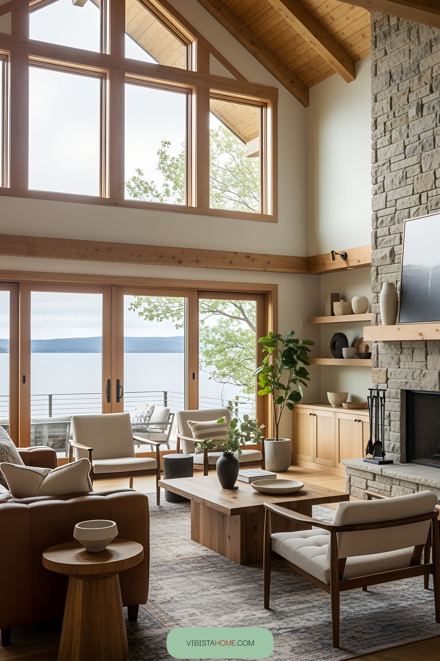 Bright living room with stone accents and large windows