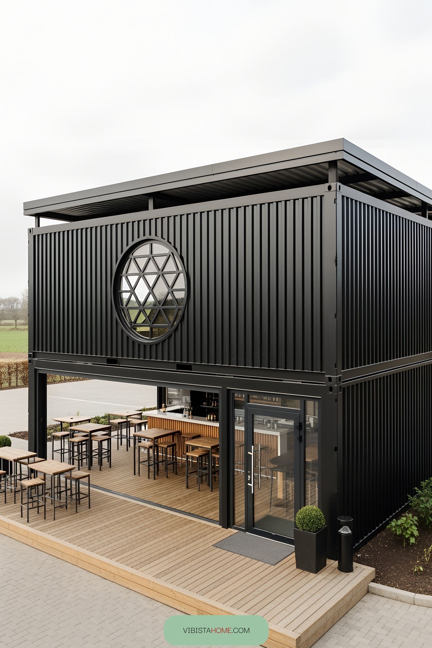 Sleek black container bar with outdoor seating and geometric window