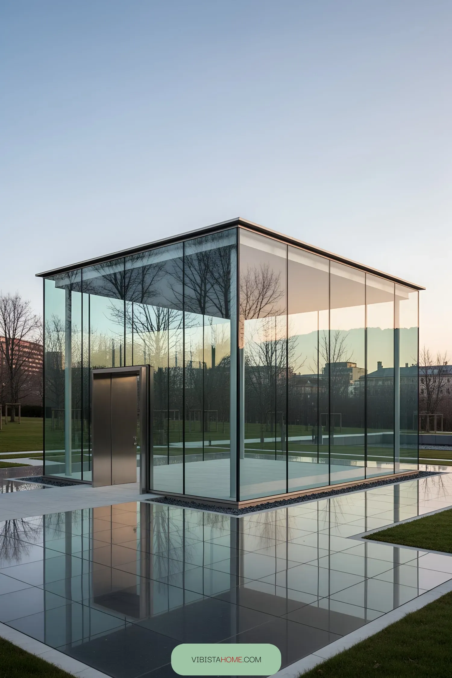 Modern glass pavilion surrounded by trees and reflective surface