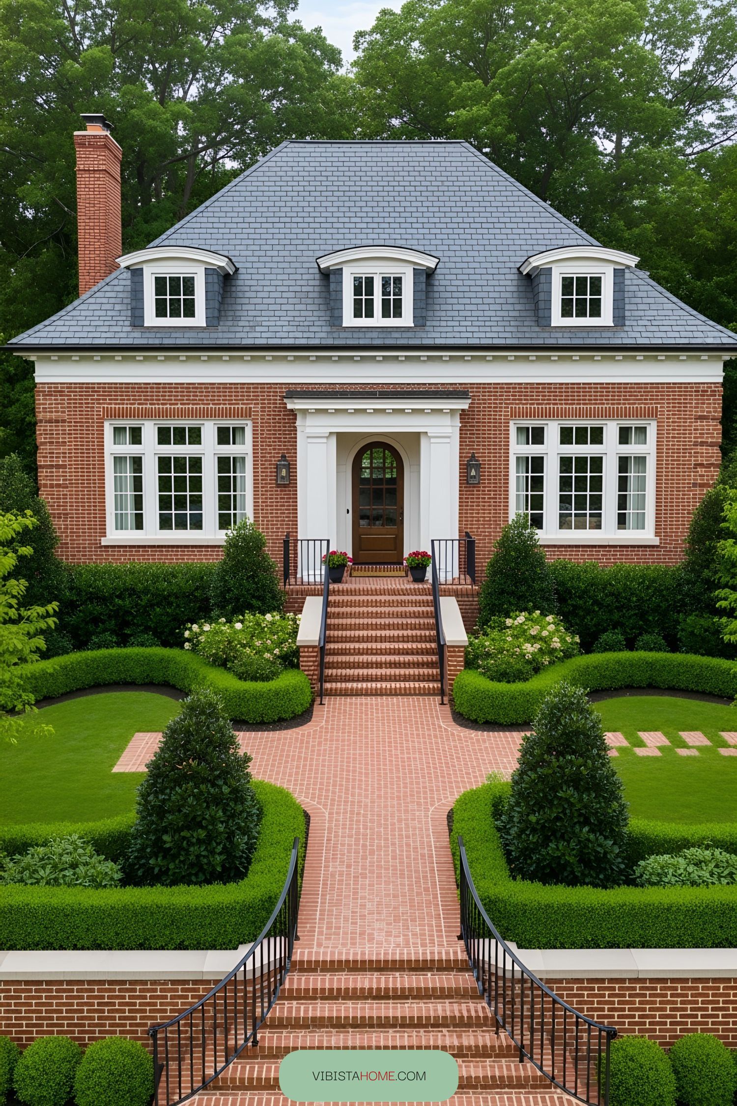 A brick bungalow with a symmetrical front yard and charming dormer windows