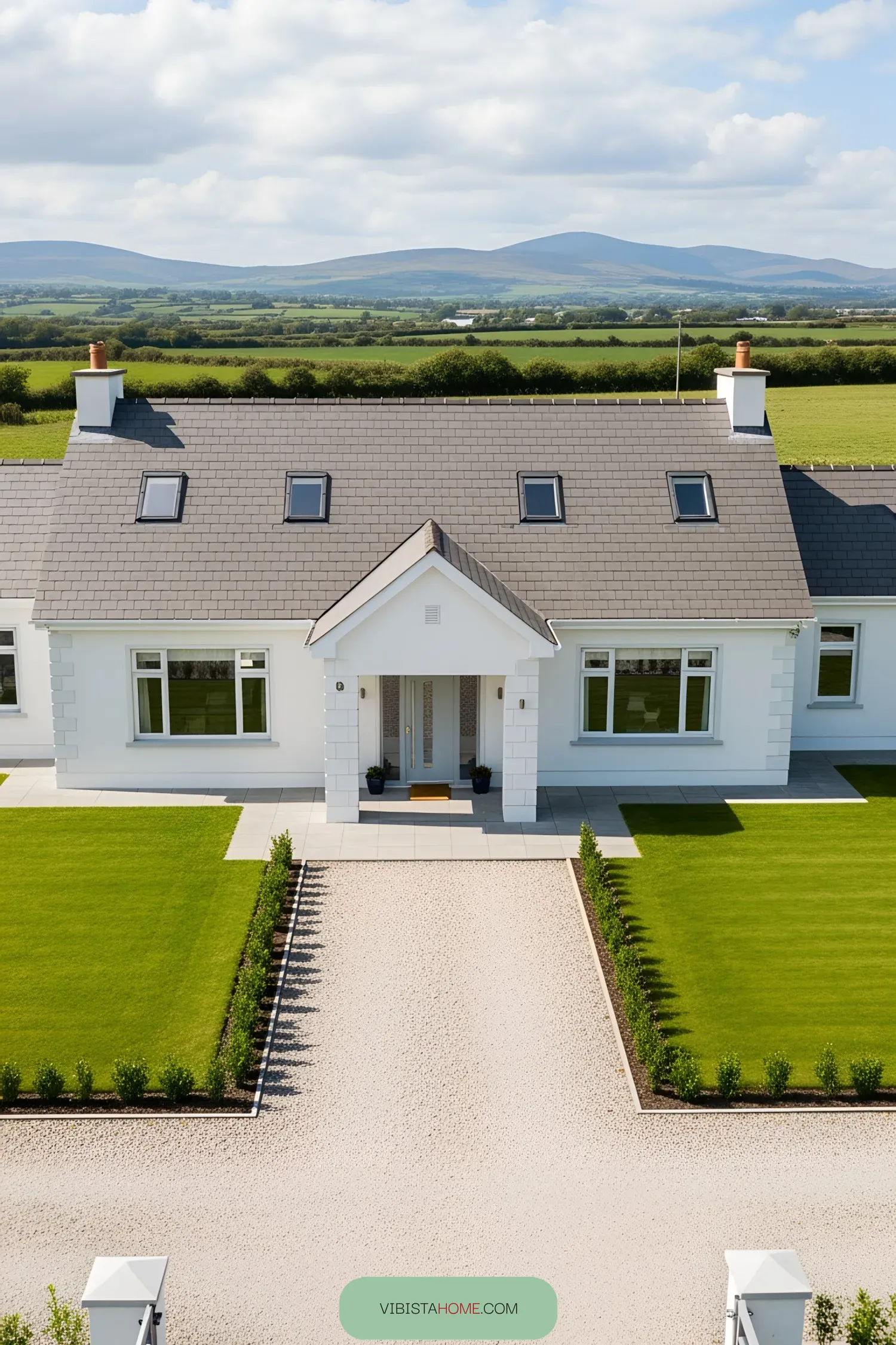 Front view of a modern Irish bungalow with manicured lawns