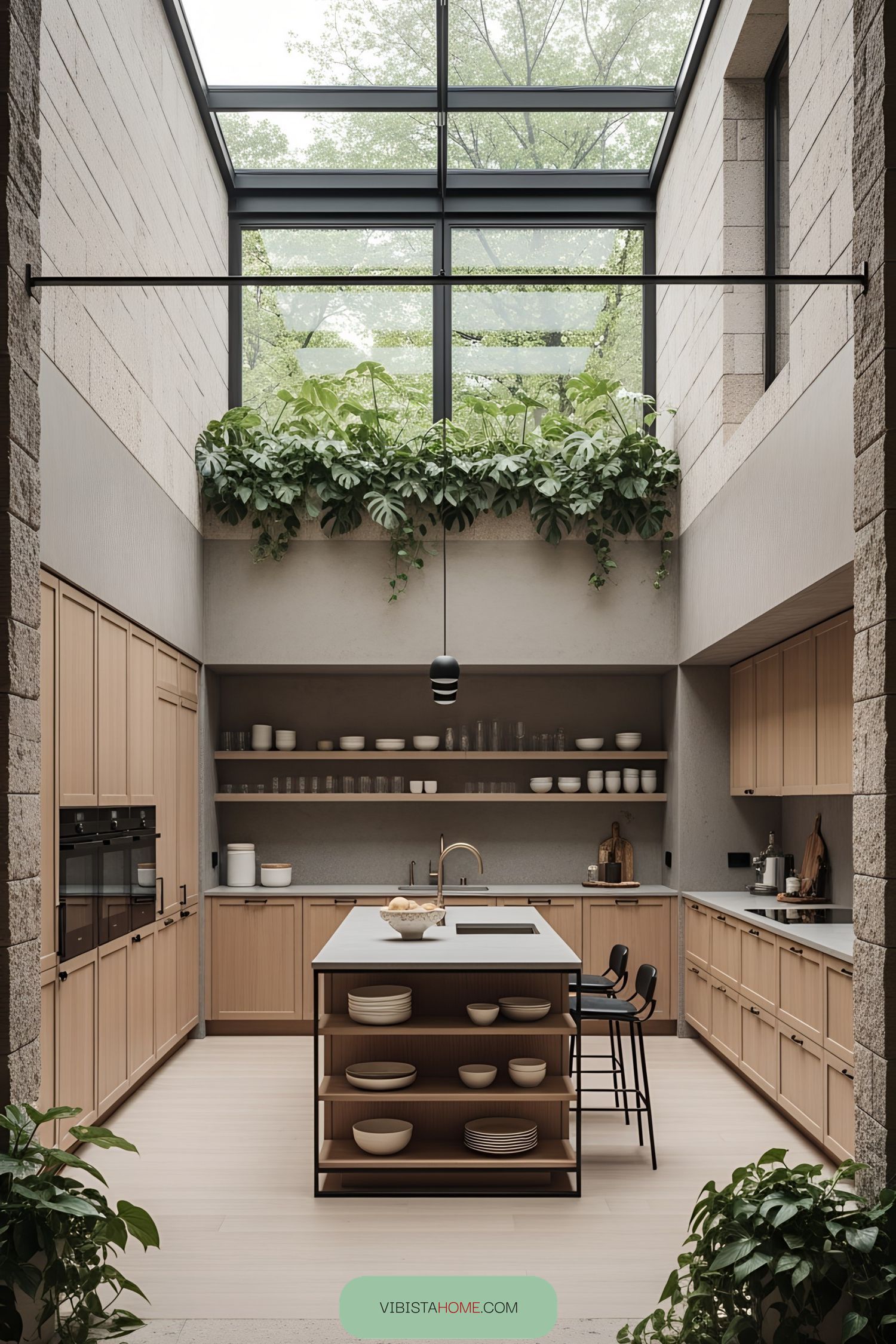 Modern kitchen with large skylight and lush greenery