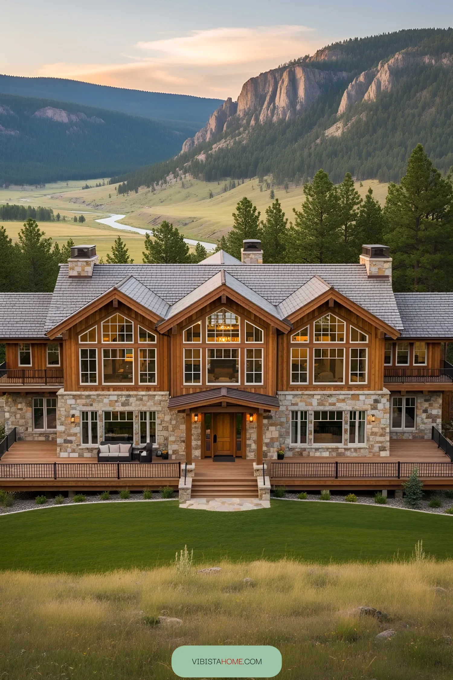 Mountain lodge with stone and wood exterior