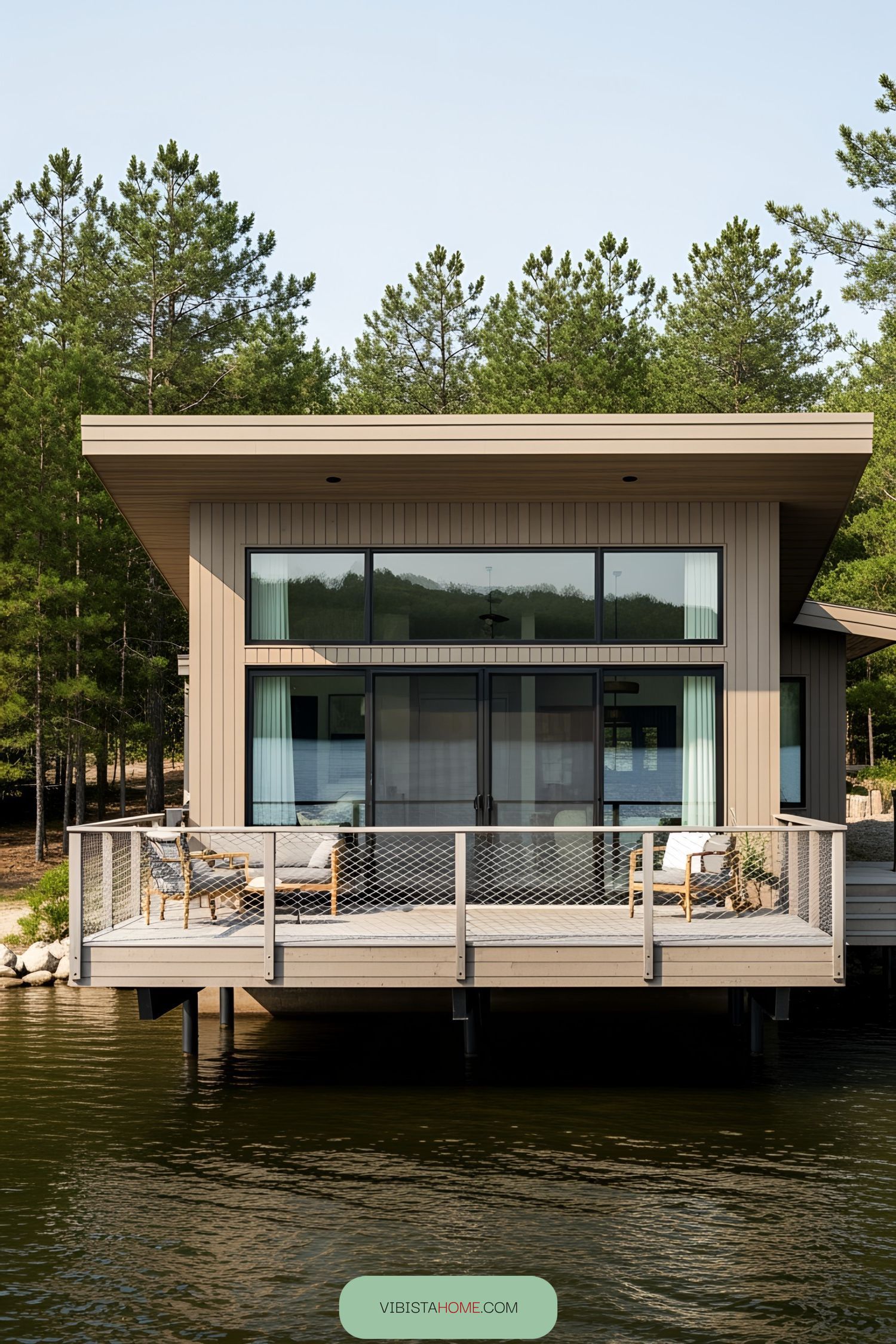Floating cottage with floor-to-ceiling windows and a sleek deck