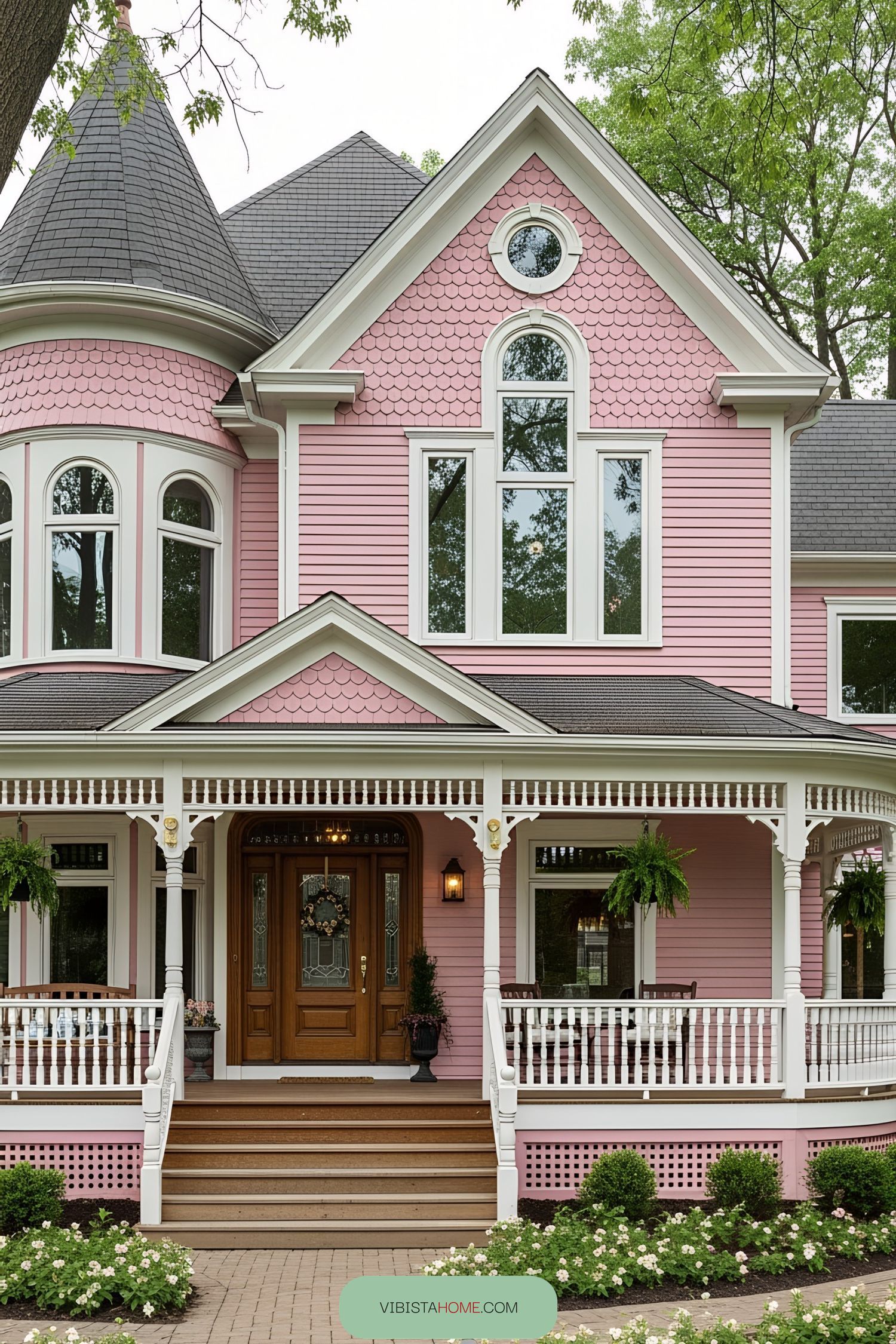 Charming pink Victorian house with ornate porch