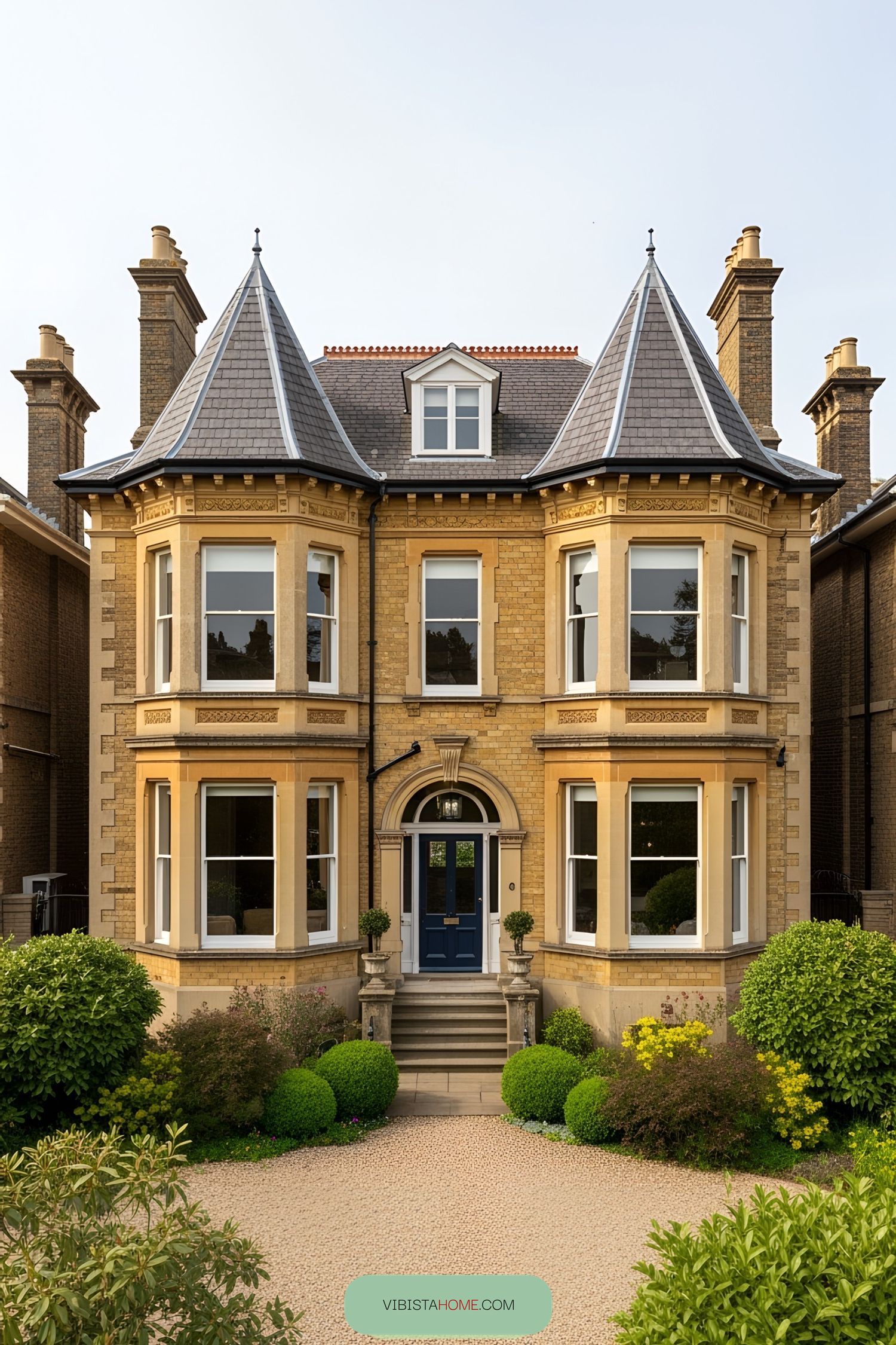 Exquisite Victorian villa with twin turrets and lush greenery