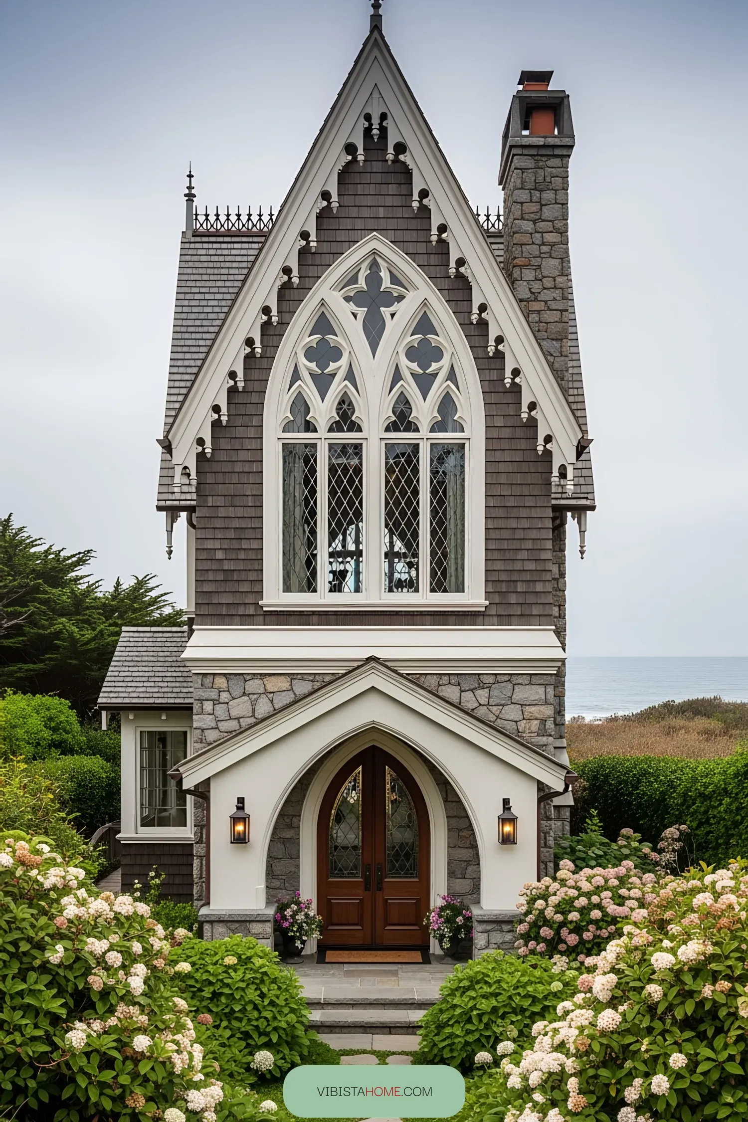 Charming gothic-style coastal house with lush gardens