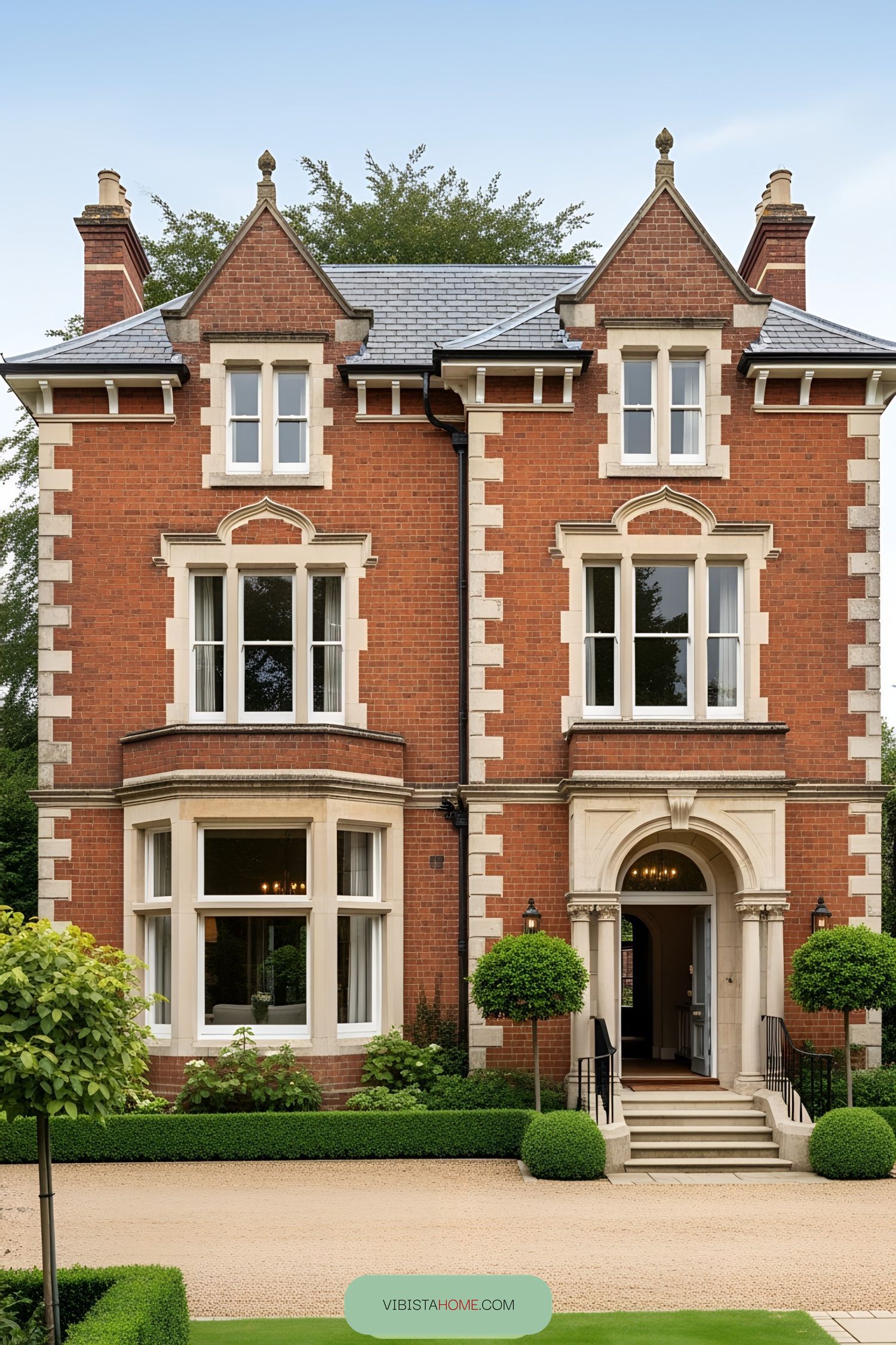 Victorian villa with striking red brick facade and ornate windows