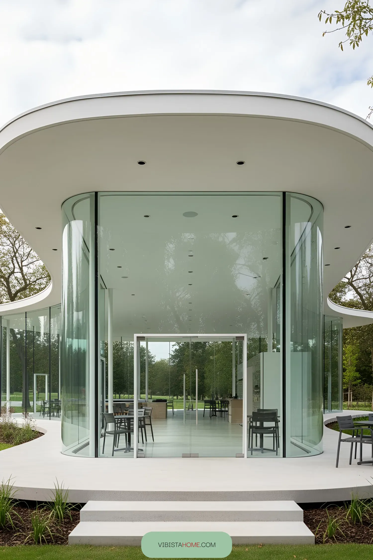 Modern glass pavilion with sweeping views