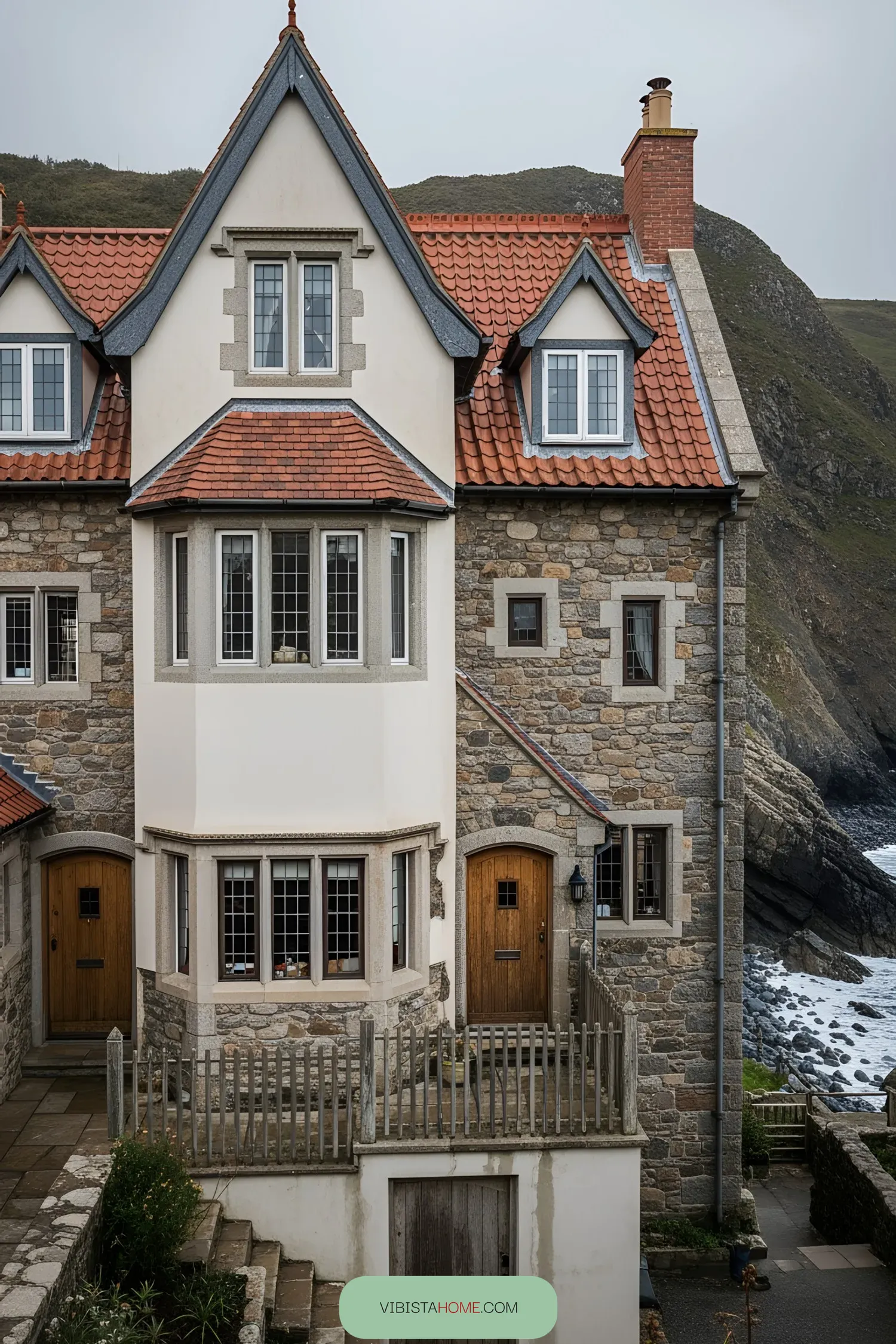 Rustic stone and timber beach house with dramatic gables
