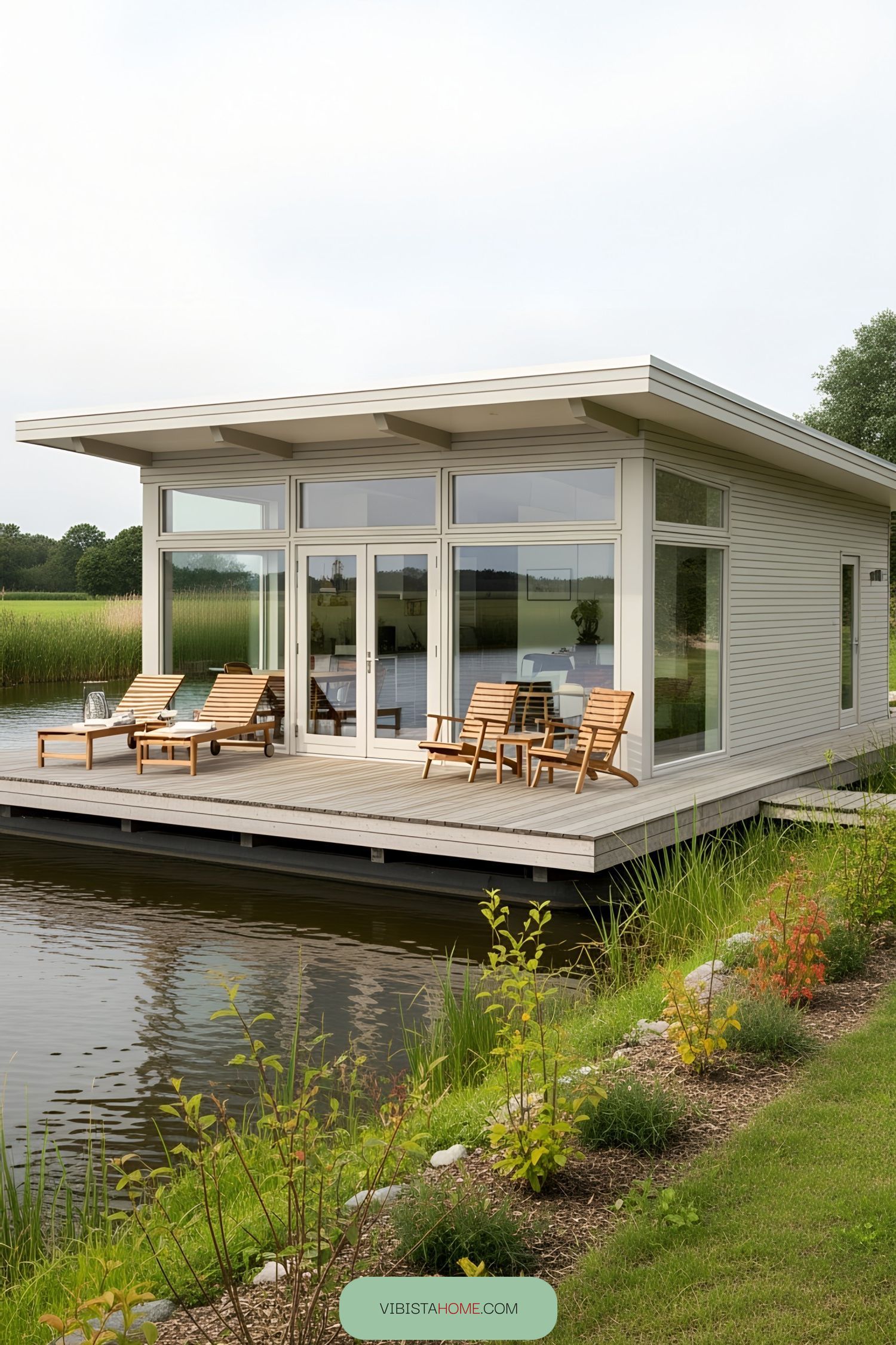Modern floating house with large windows and deck chairs