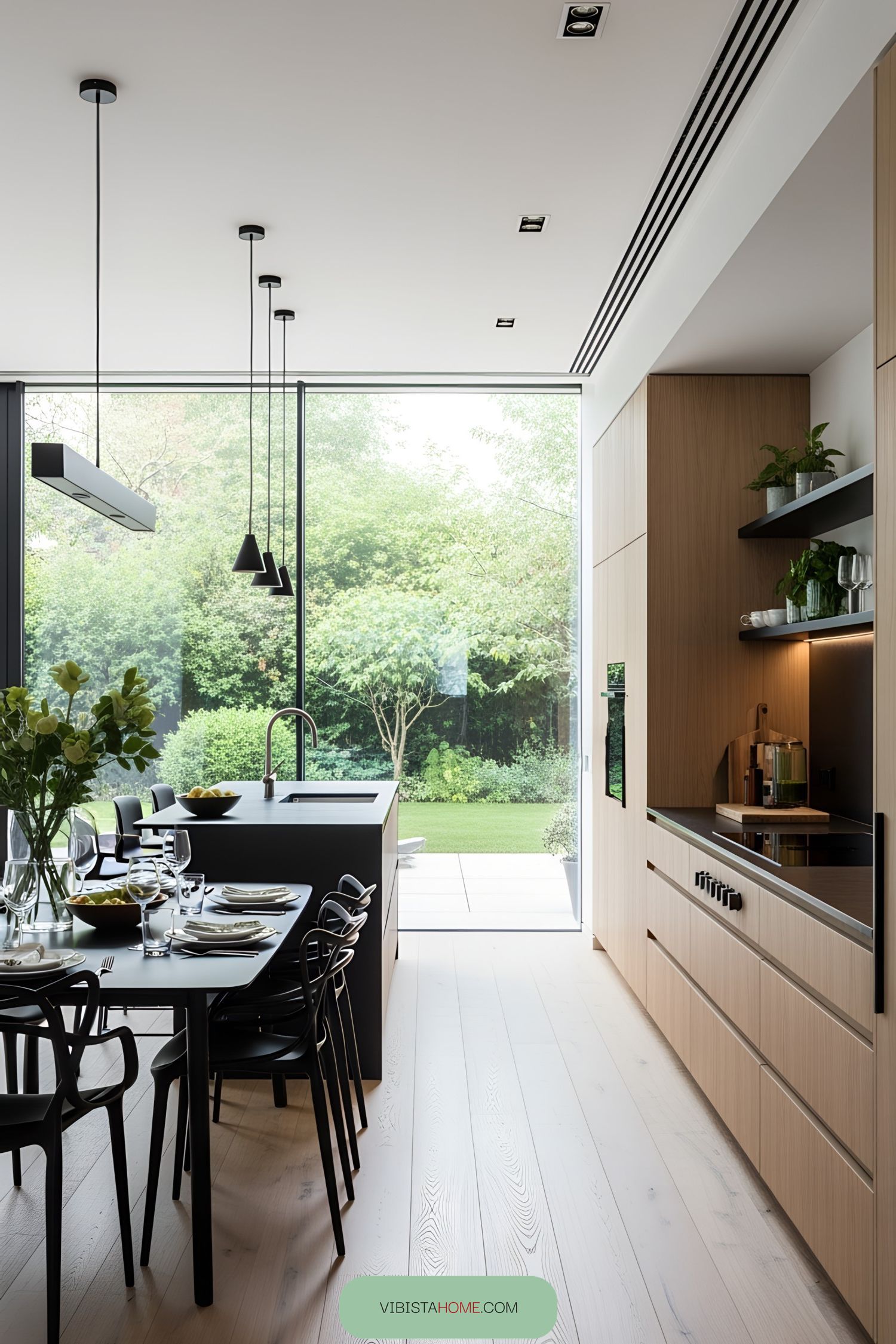 Modern kitchen featuring a large window overlooking a lush garden
