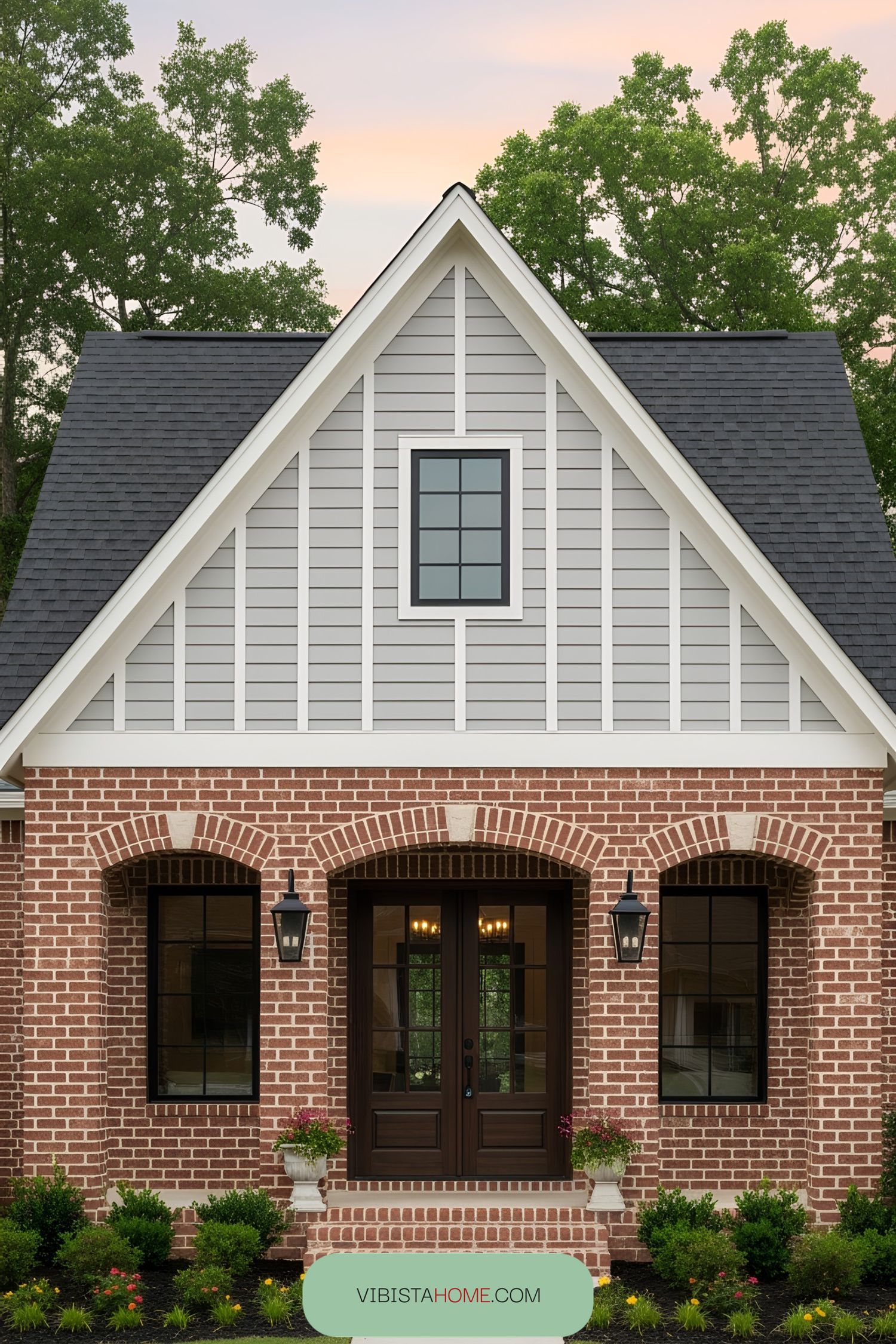 Cottage with brick facade and wooden siding