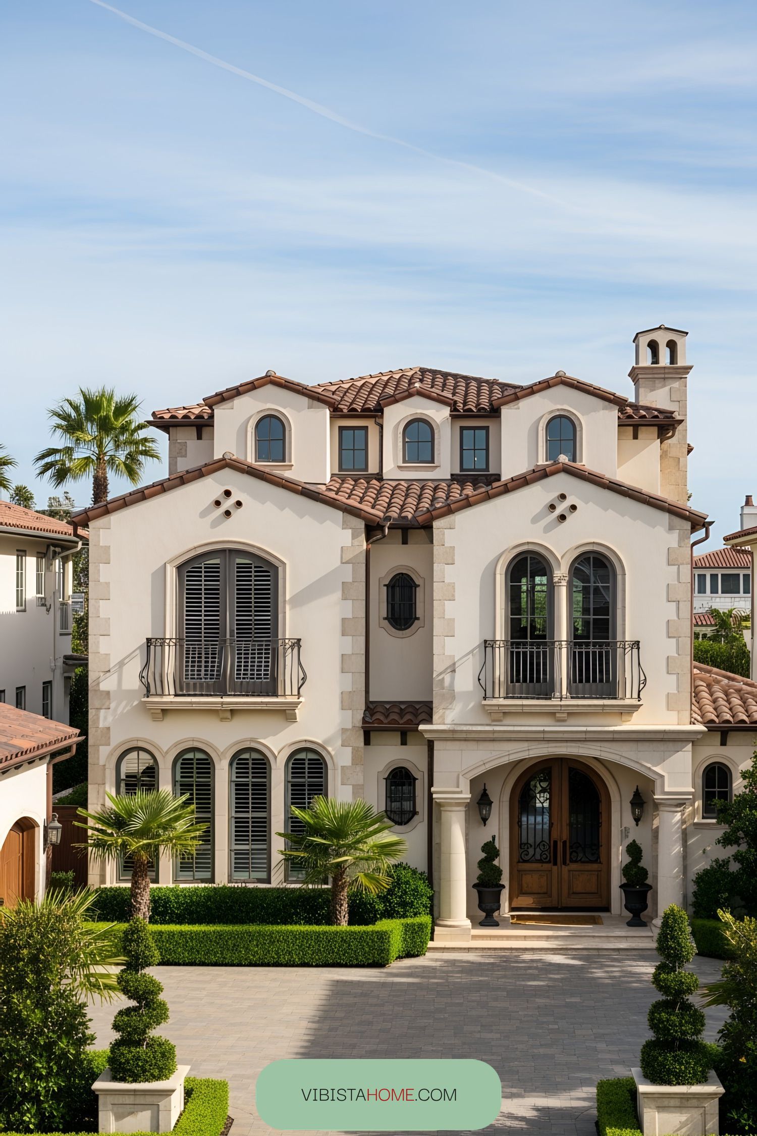 Tuscan house with arched windows and lush greenery
