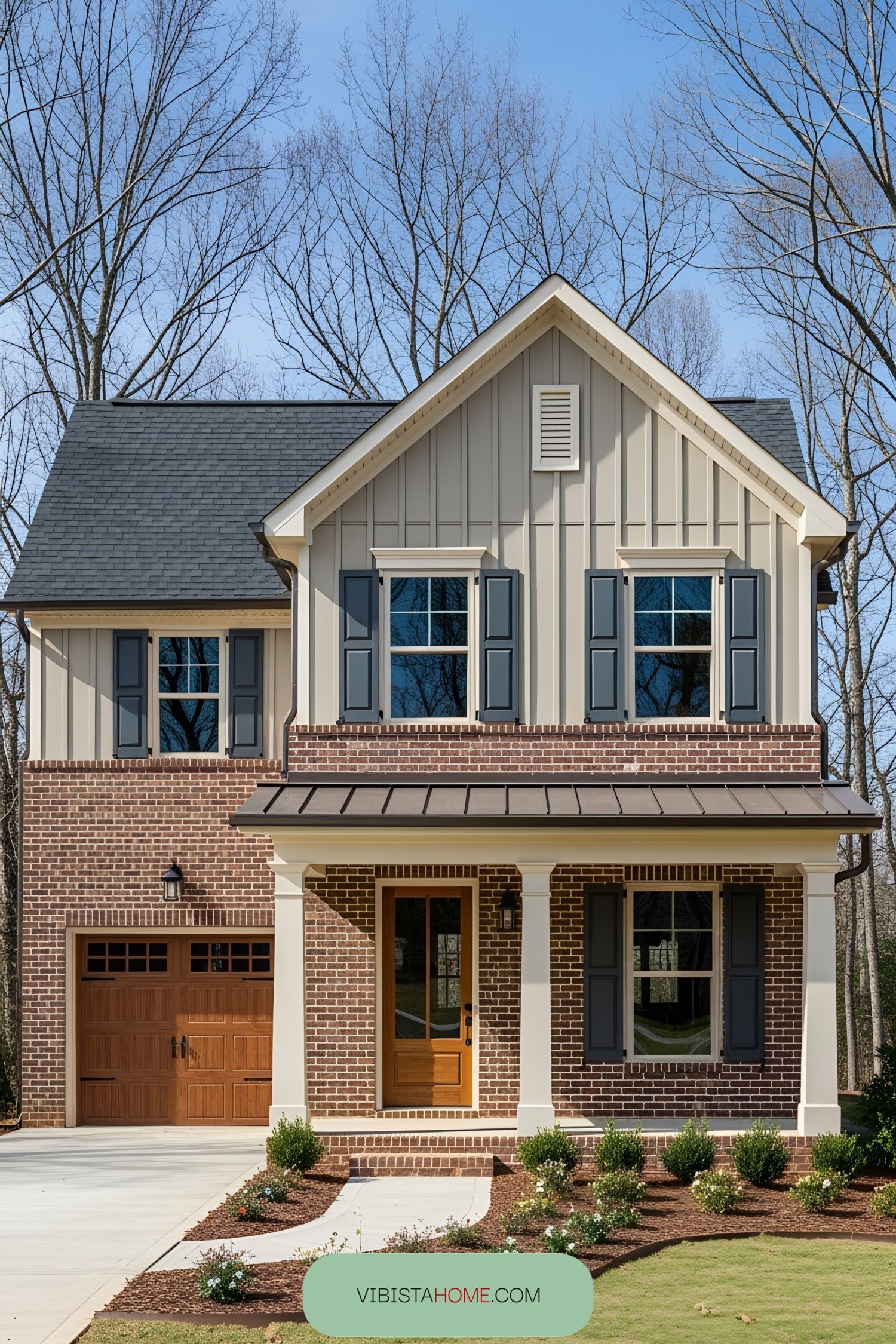 Quaint cottage with mixed brick and wood siding