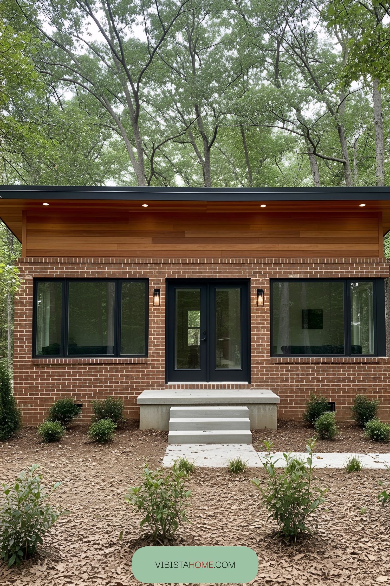 Small cottage with brick and wood siding nestled among trees