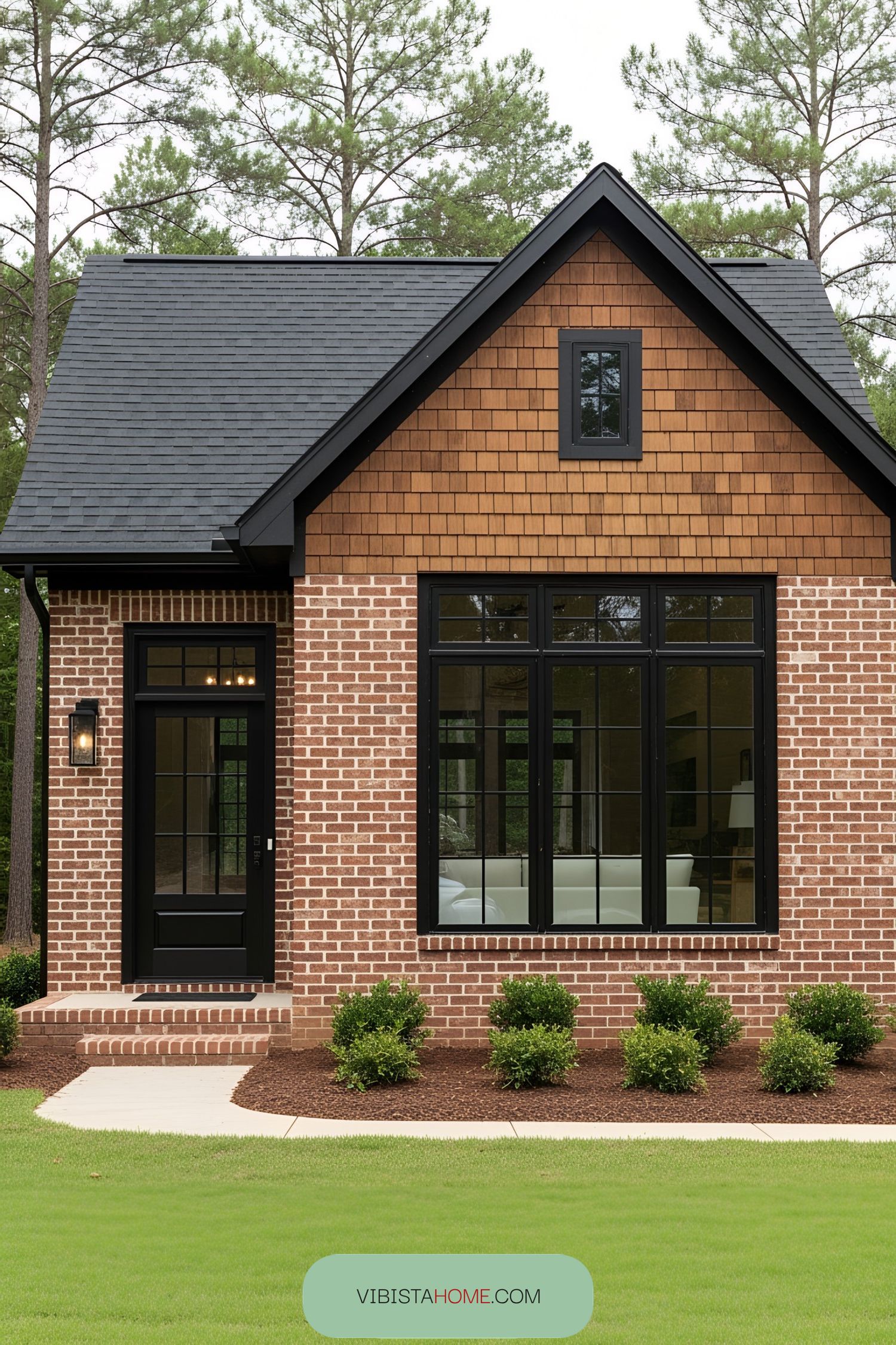 Cozy cottage with brick and wood facade surrounded by trees
