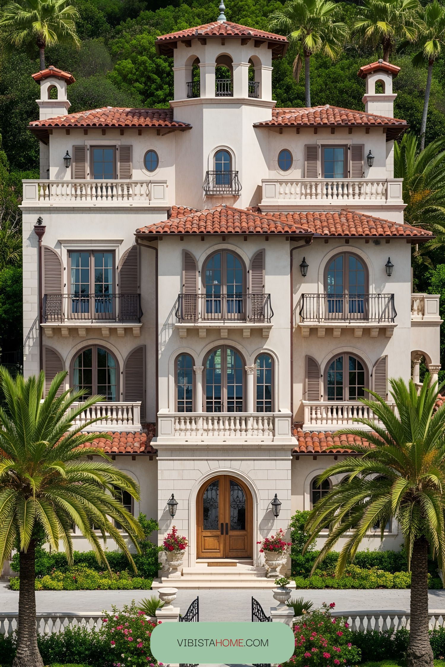 Grand beach house with palm trees and lush greenery