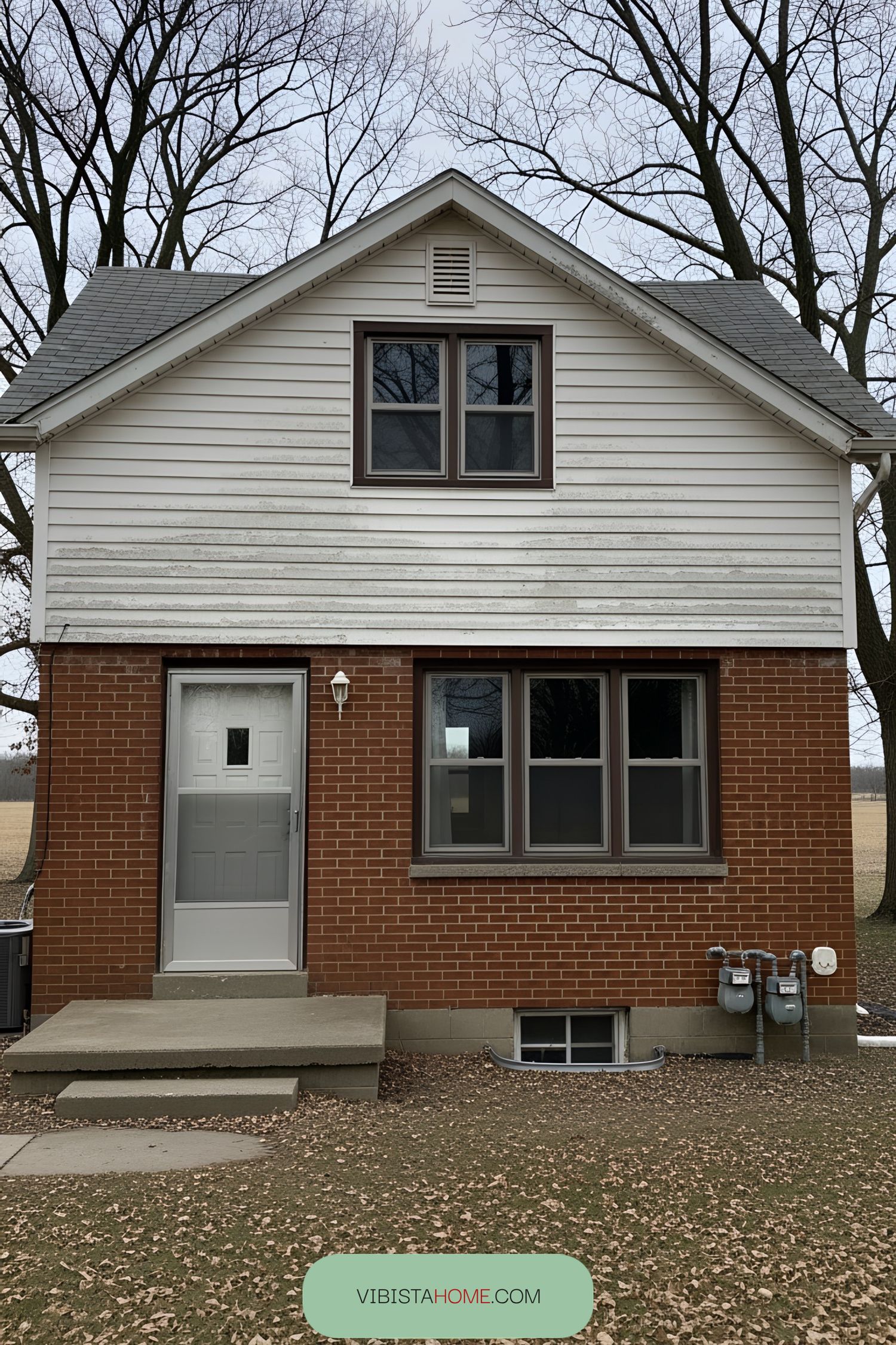 Compact cottage with brick base and wood top siding