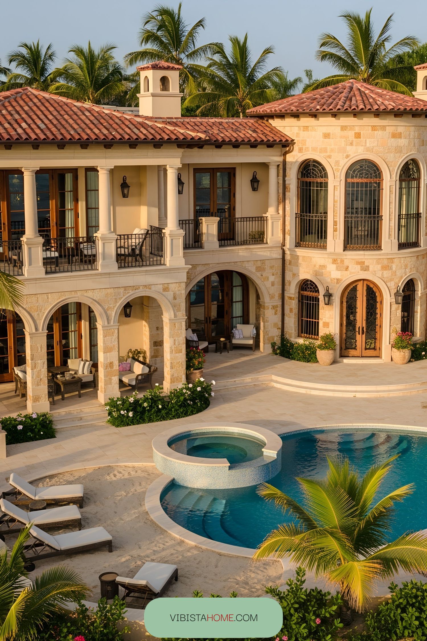Luxurious beachfront house with terracotta roofs, arched windows, and palm trees