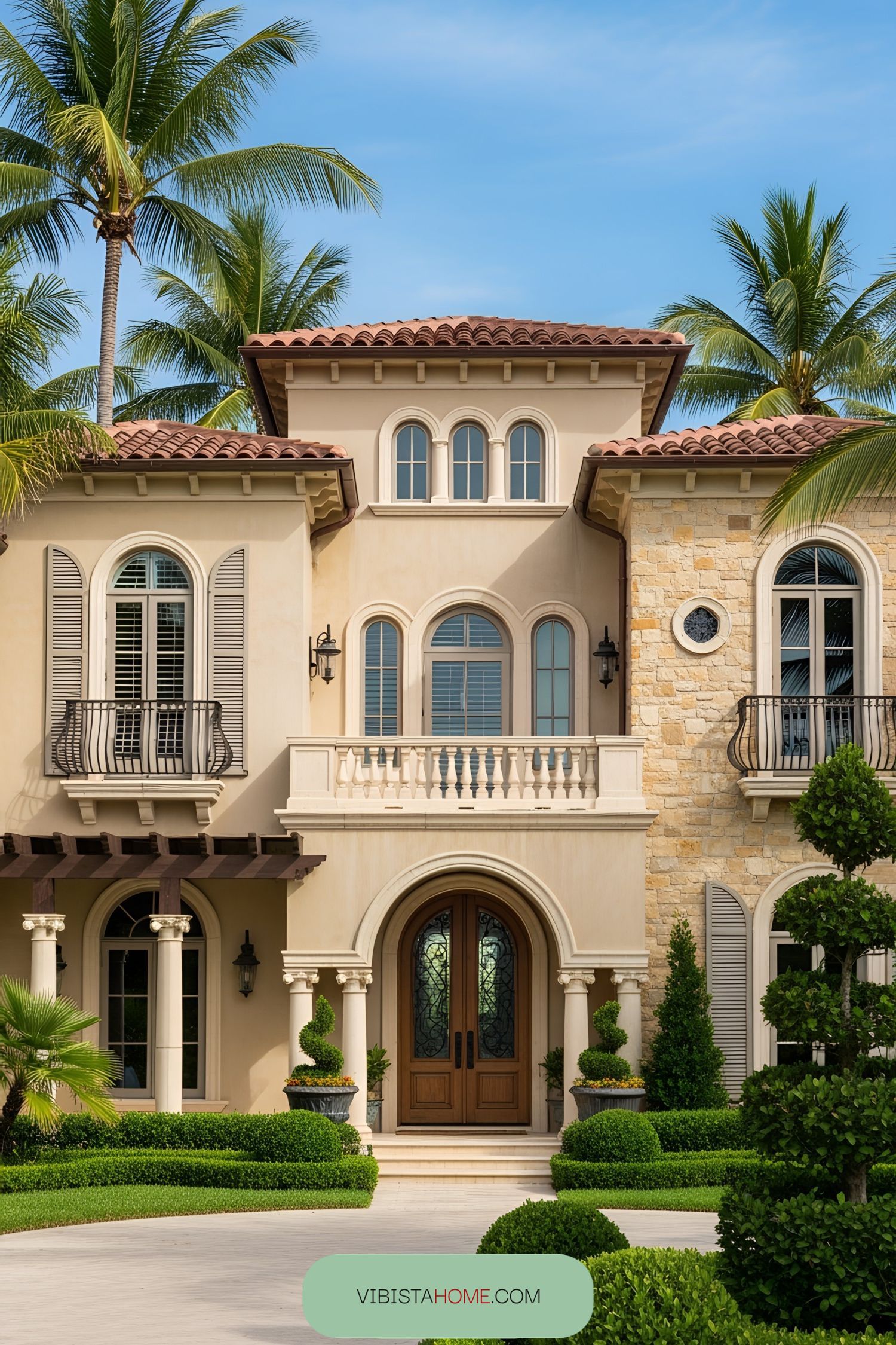 Elegant Tuscan beach house with palm trees and lush greenery