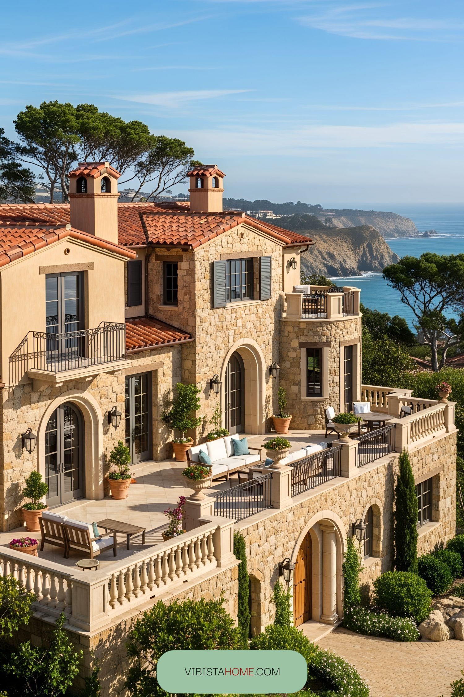 Tuscan villa with ocean backdrop and lush balcony