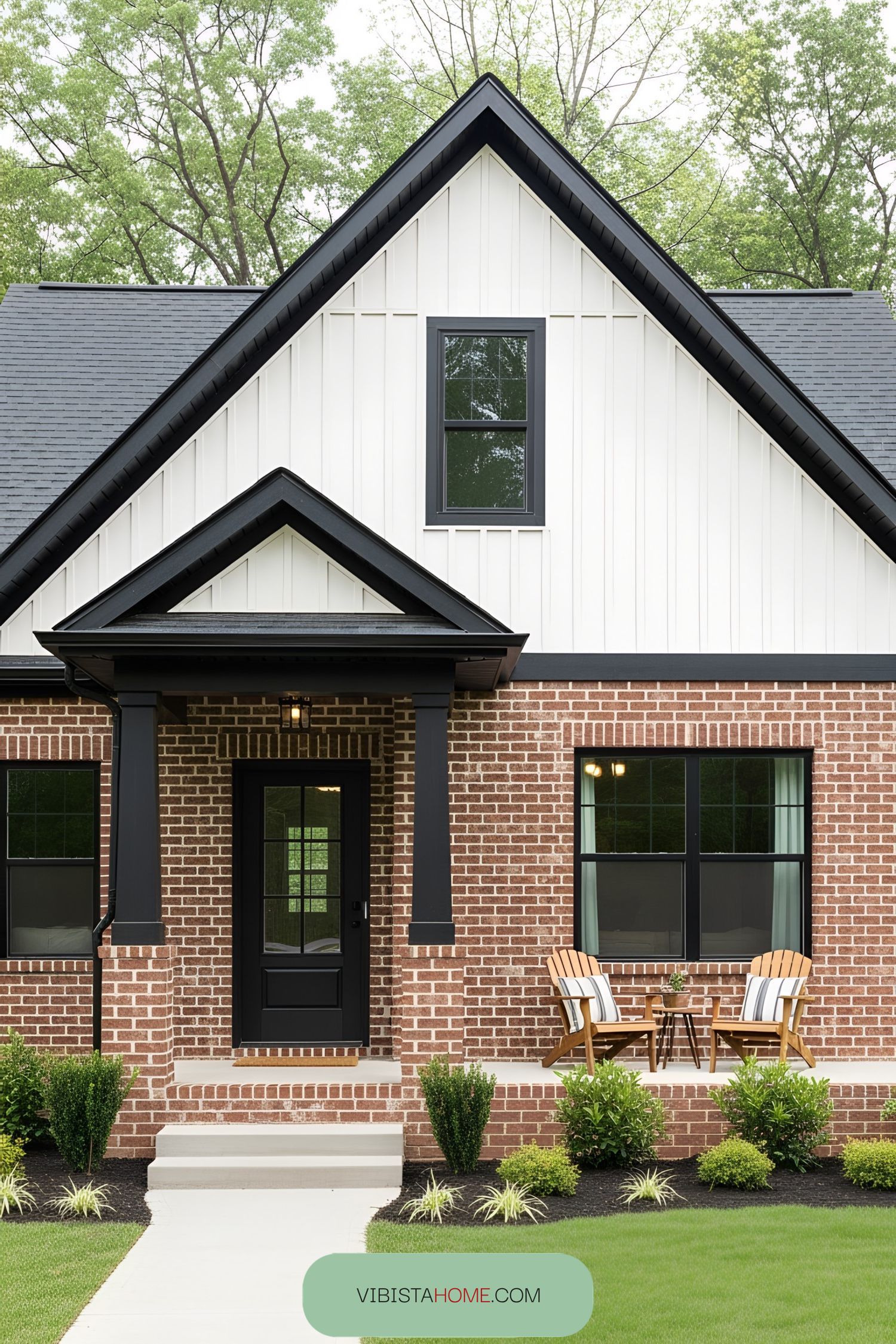 Quaint cottage with brick lower facade and wooden gable