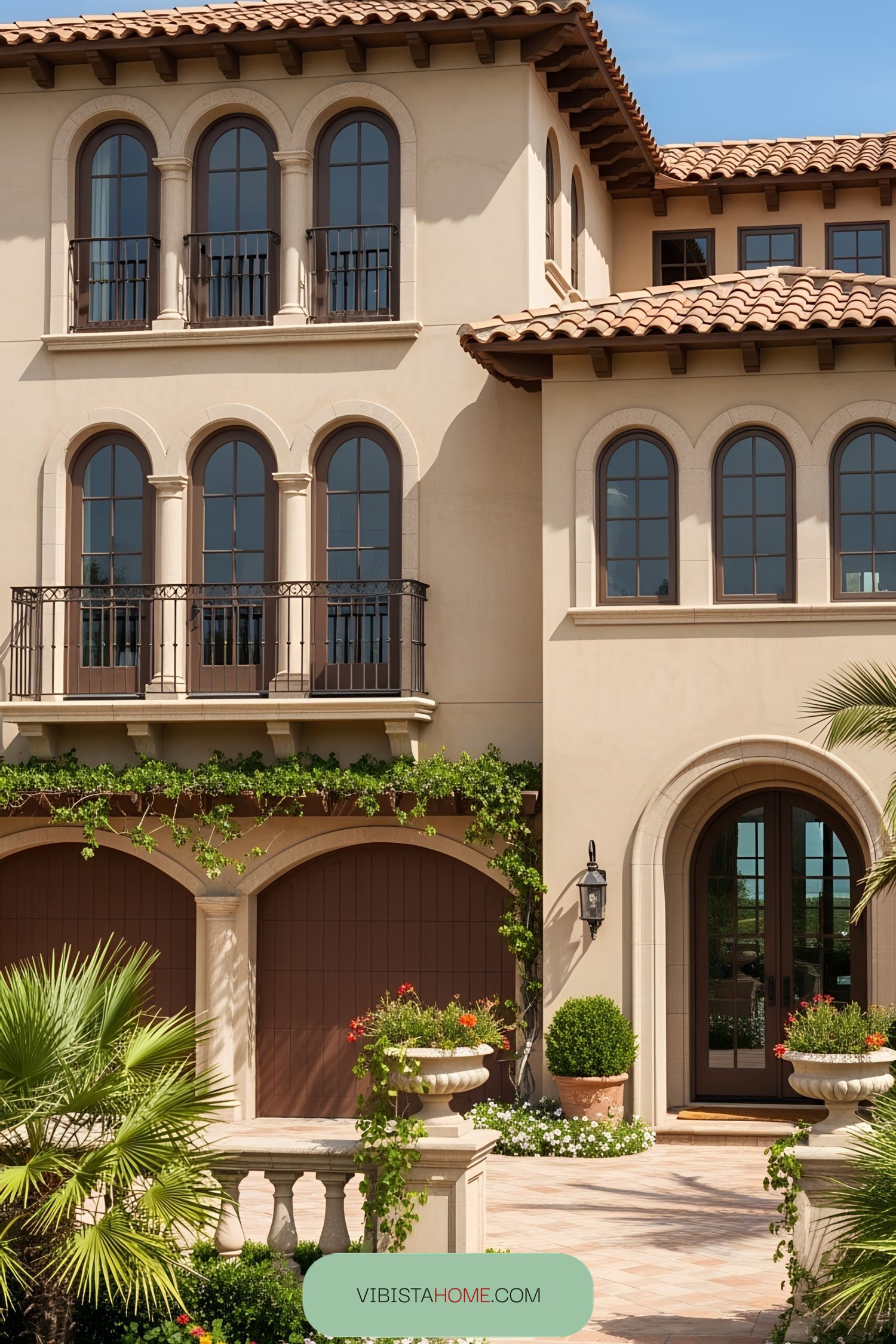 Elegant villa exterior with arched windows and lush greenery