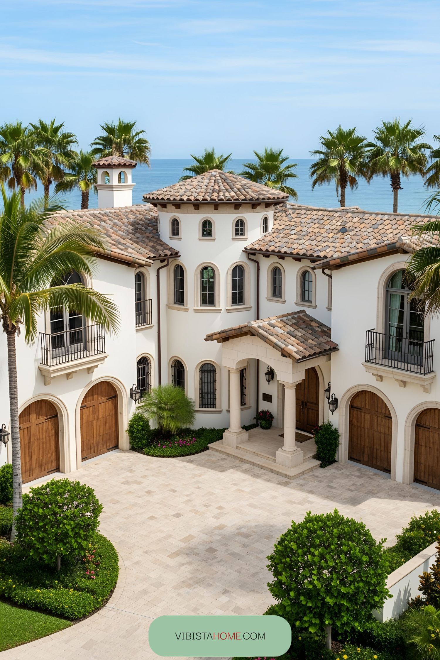 A seaside villa with a central tower and lush palm trees