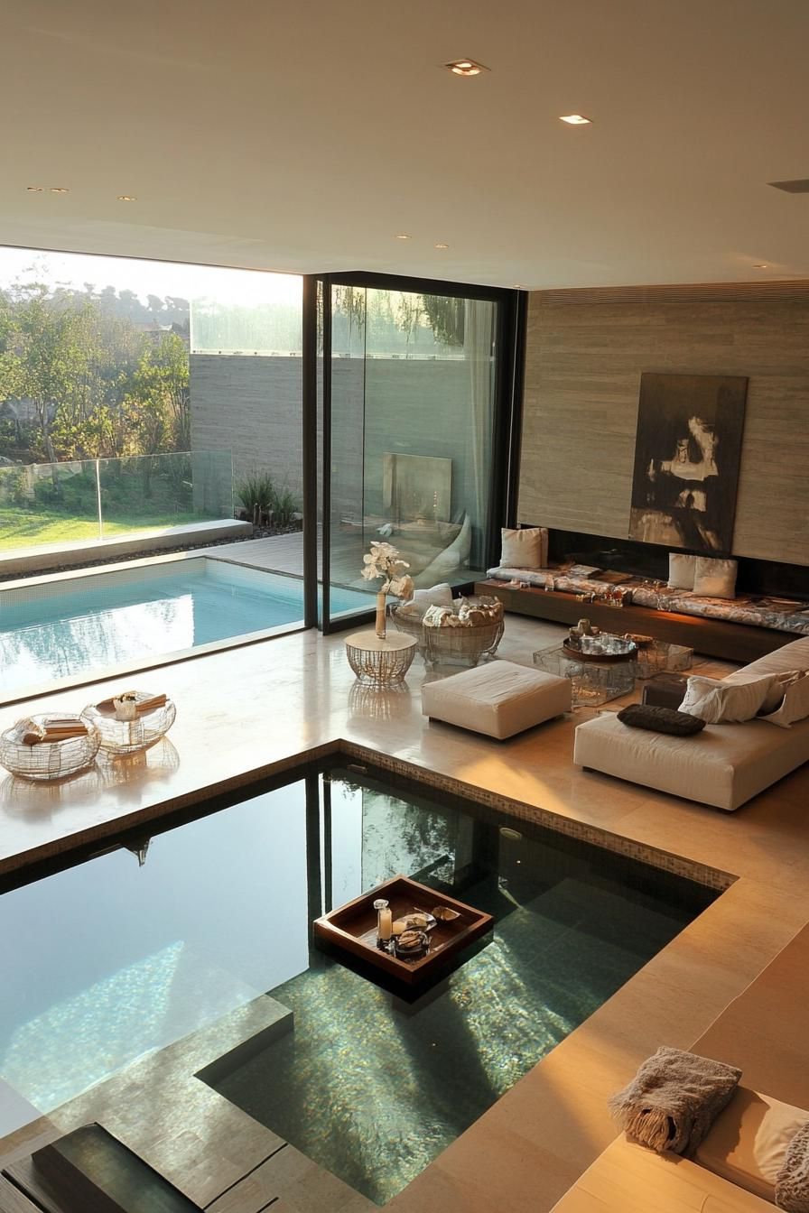 modern sunken living room interior with full glass wall overlooking a connected pool 1