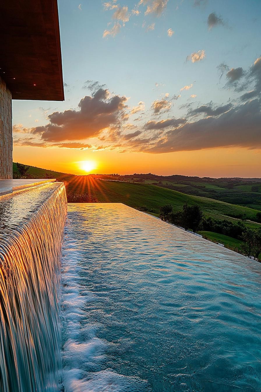 modern mansion pool with waterfall feature overlooking a stunning sunset over green hills 3