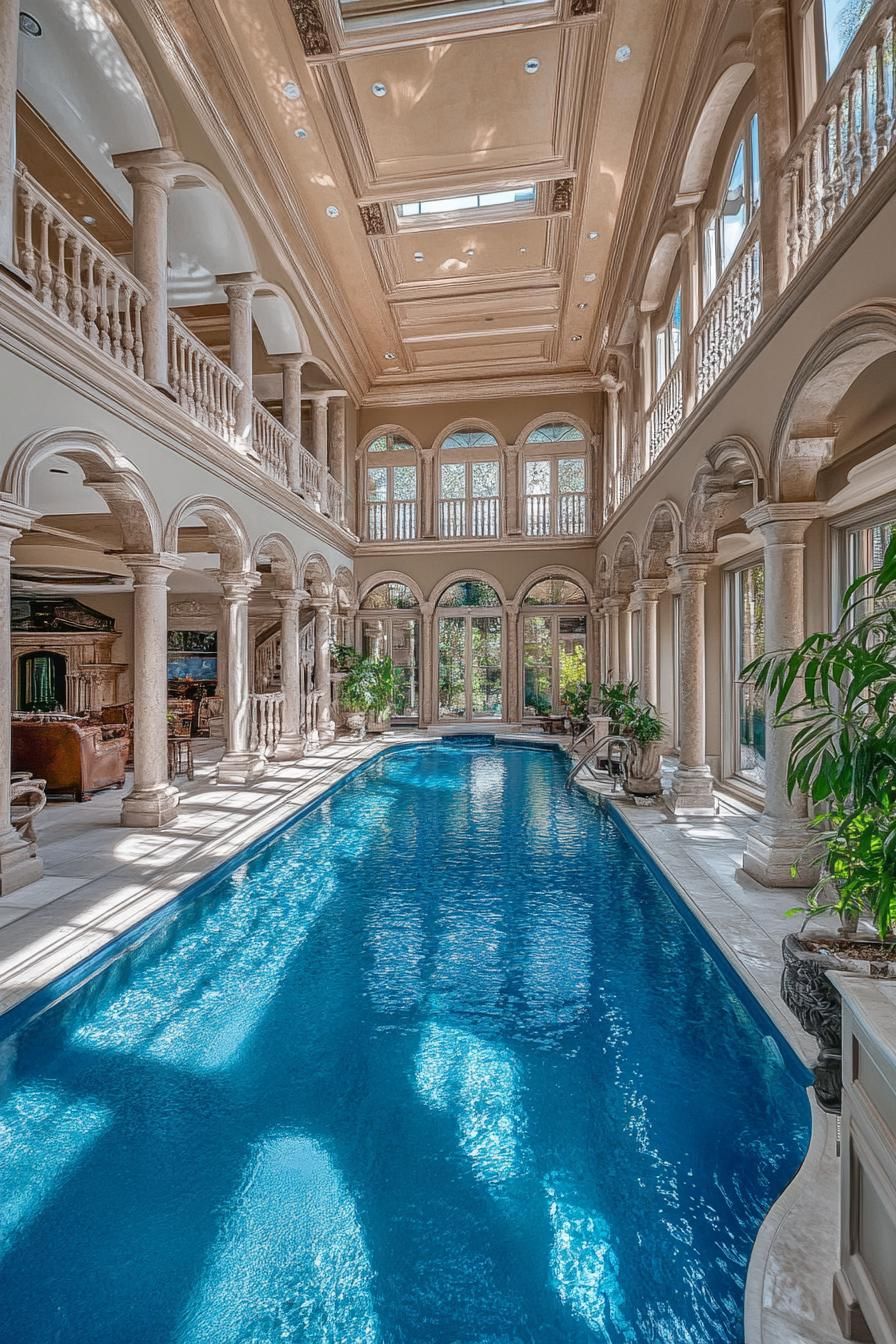 luxury mansion with large pool spanning outdoor and indoor 1