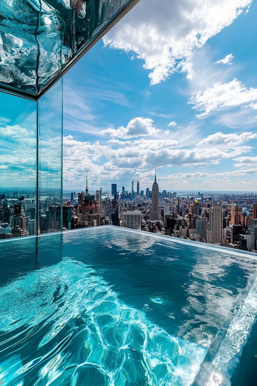 view from rooftop pool with transparent walls overlooking stunning city skyline