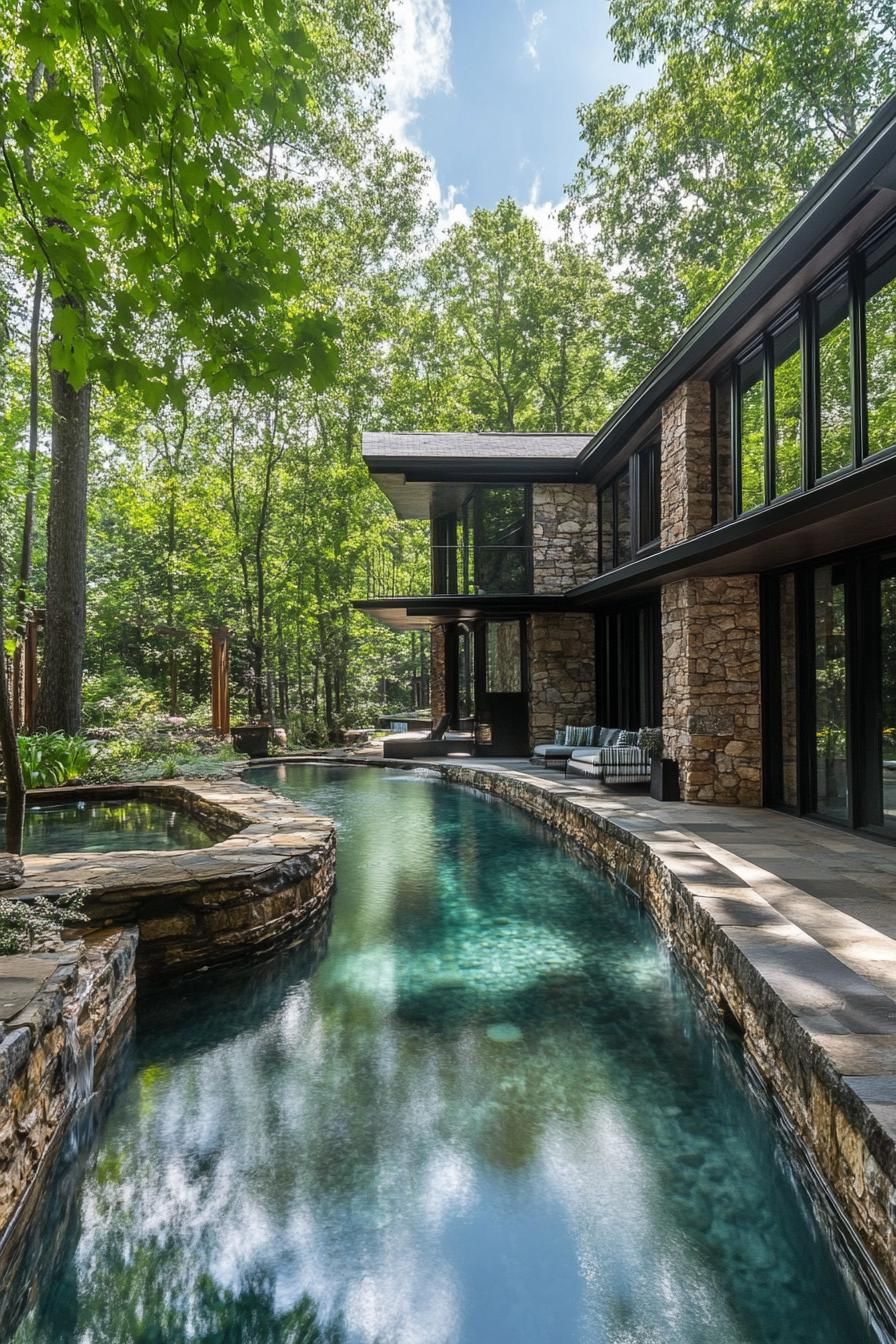 modern forest mansion with stone pool lagoon in courtyard 3