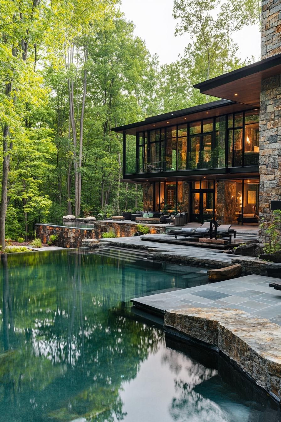 modern forest mansion with stone pool lagoon in courtyard 1