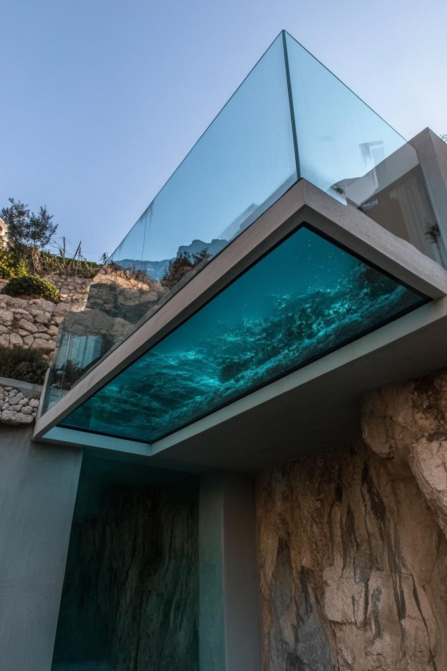 modern hillside house canterleveled pool glass bottom view from underneath