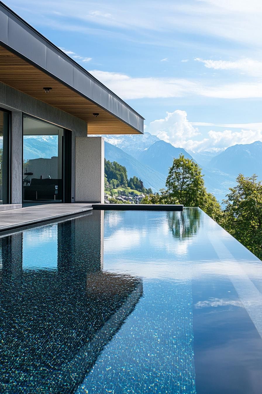 modern mansion pool with black tiles stunning Scandinavian mountain views 2