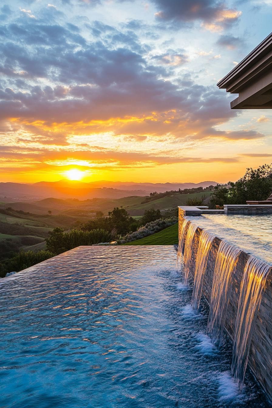 modern mansion pool with waterfall feature overlooking a stunning sunset over green hills 2