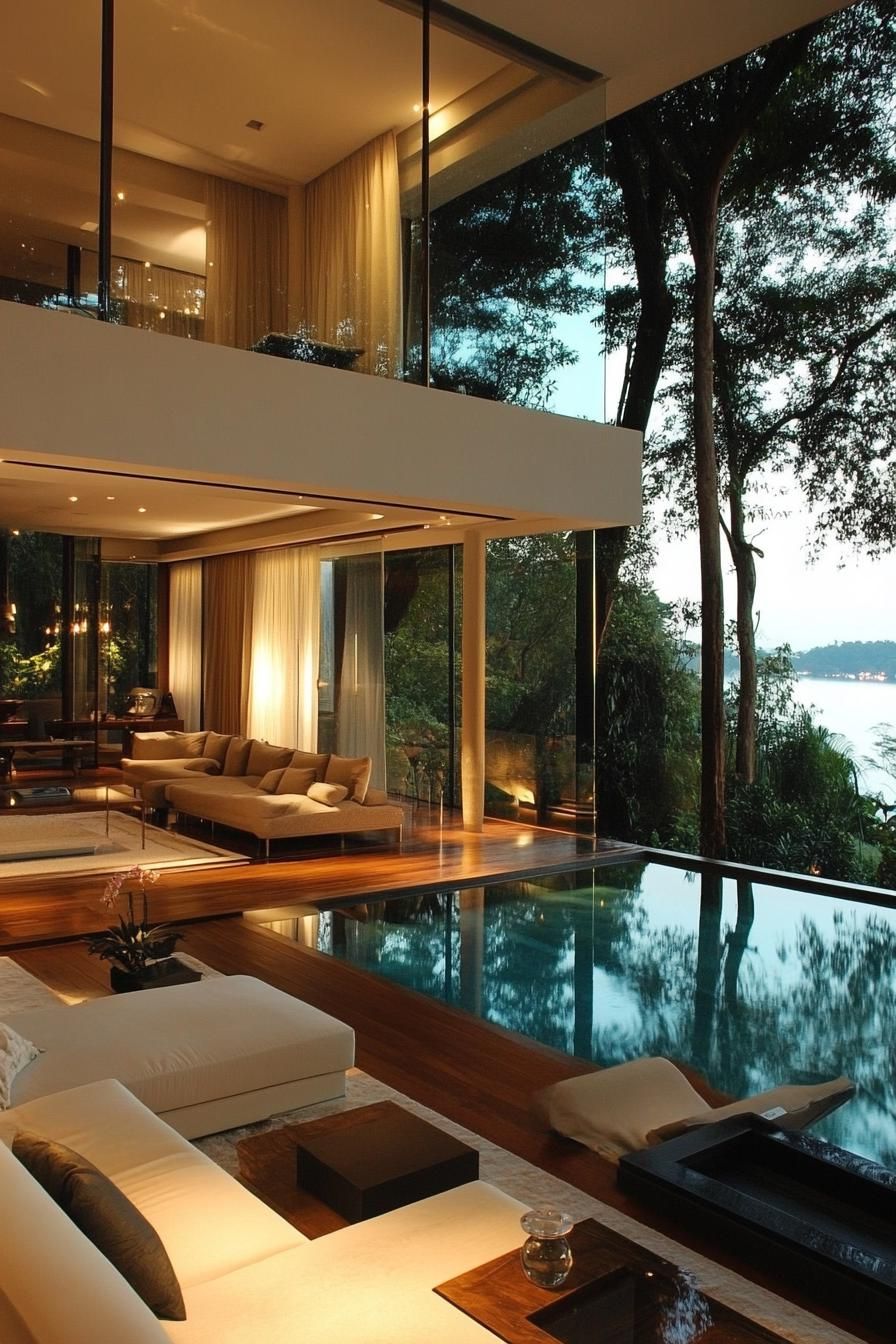 modern sunken living room interior with full glass wall overlooking a connected pool