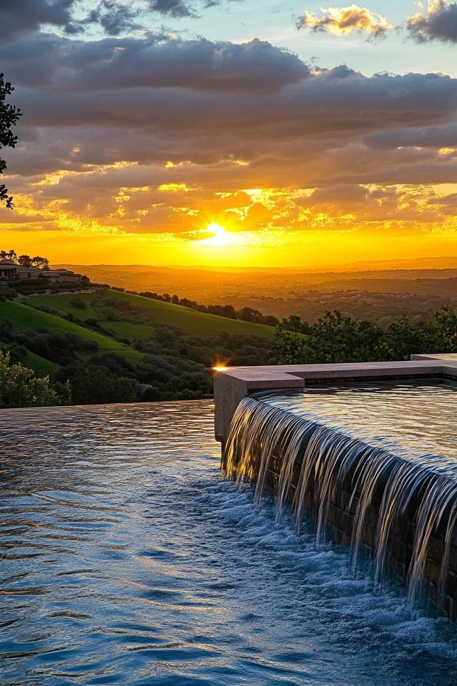 modern mansion pool with waterfall feature overlooking a stunning sunset over green hills