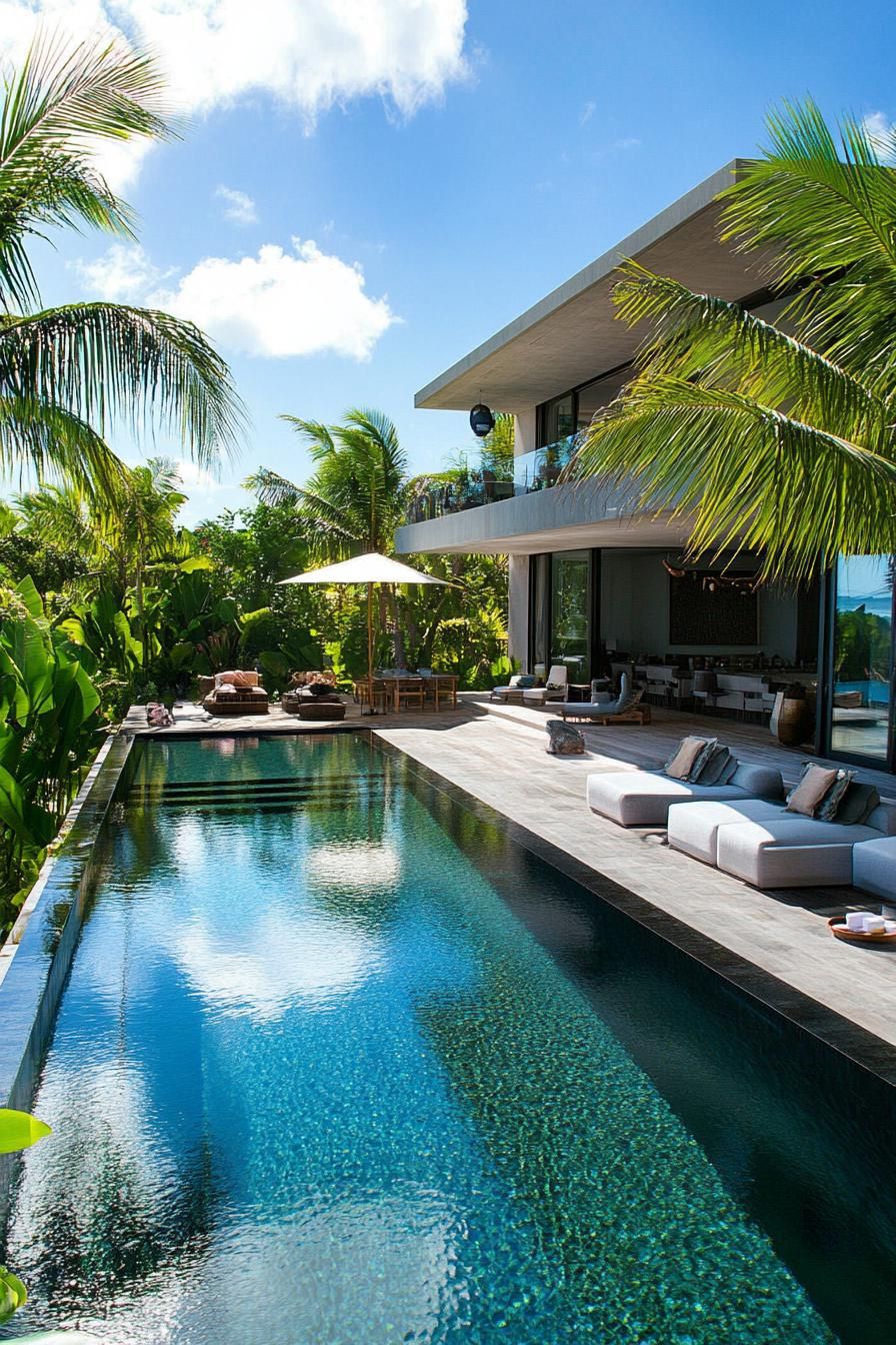 modern mansion pool in a lush tropical landscape