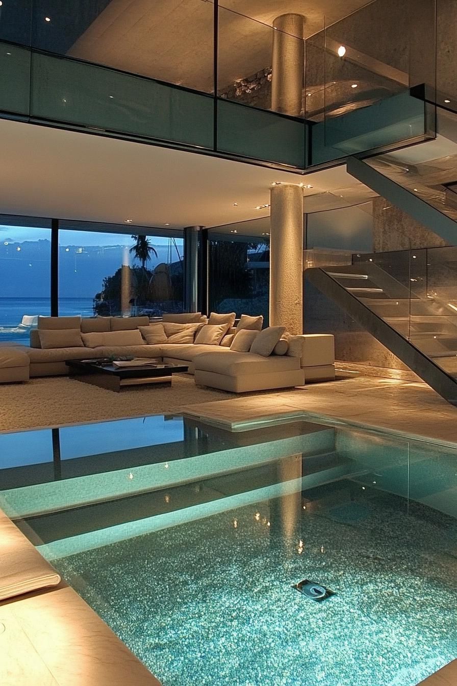 modern sunken living room interior with full glass wall overlooking a connected pool 2
