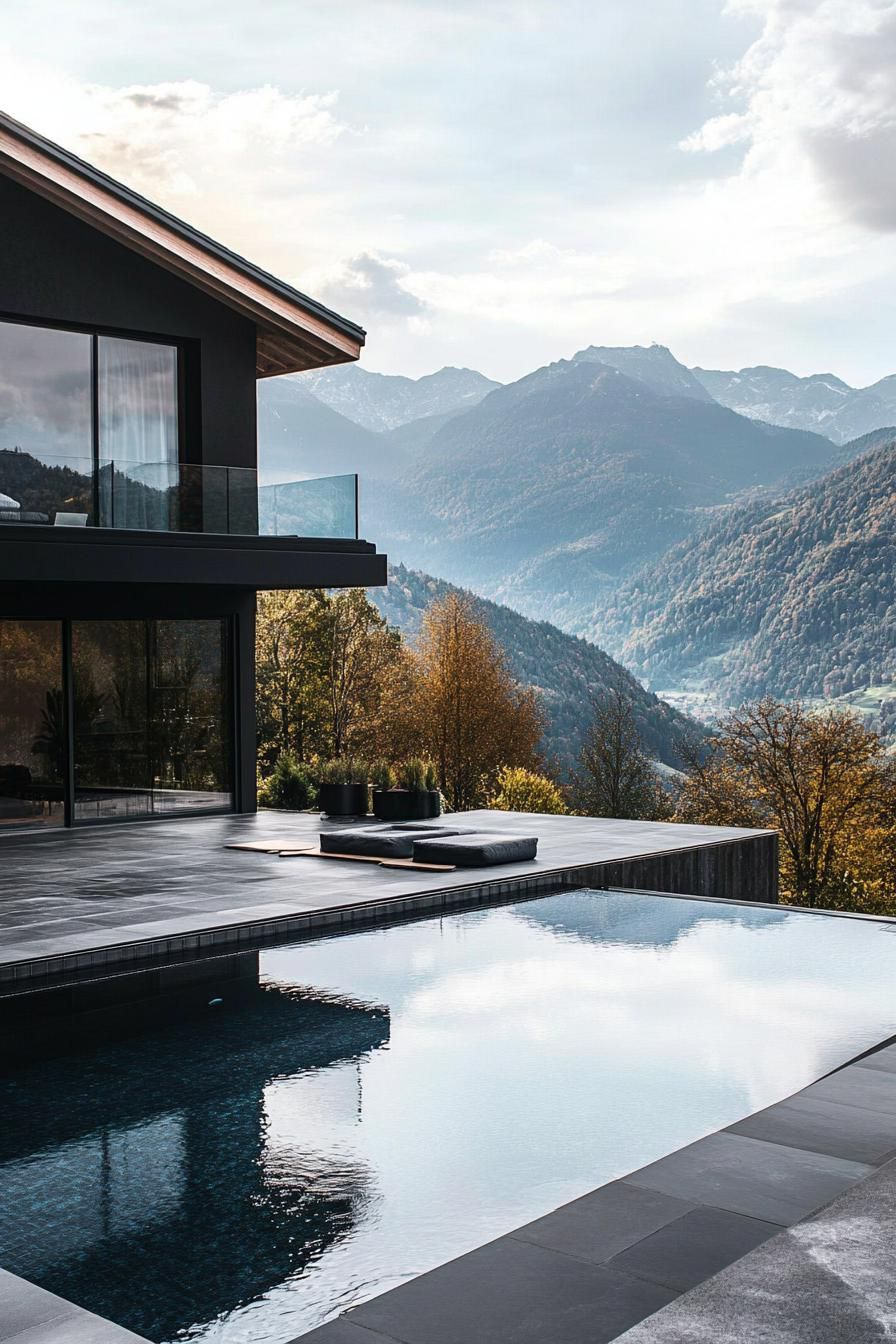 modern mansion pool with black tiles stunning Scandinavian mountain views 3