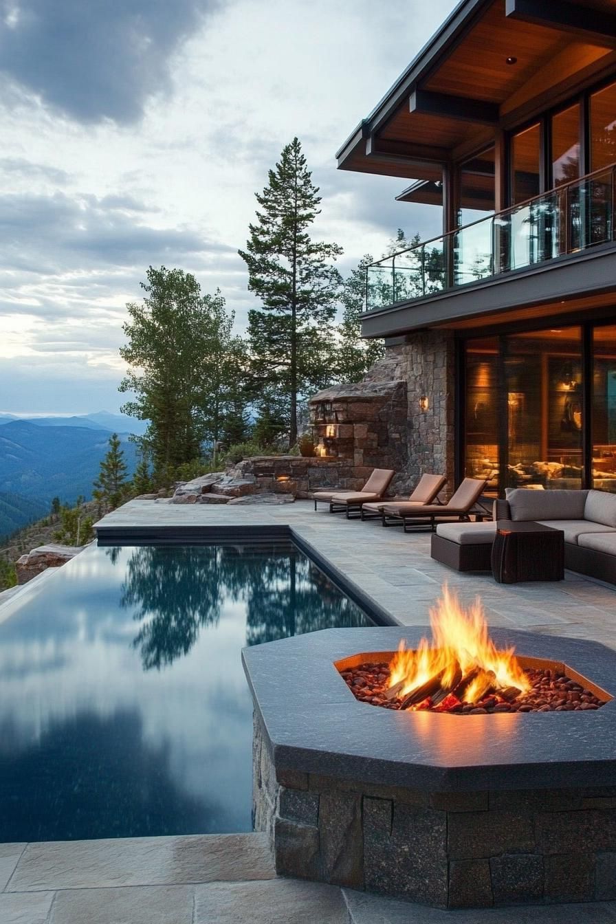 modern mountain house patio with firepit and infinity pool 1